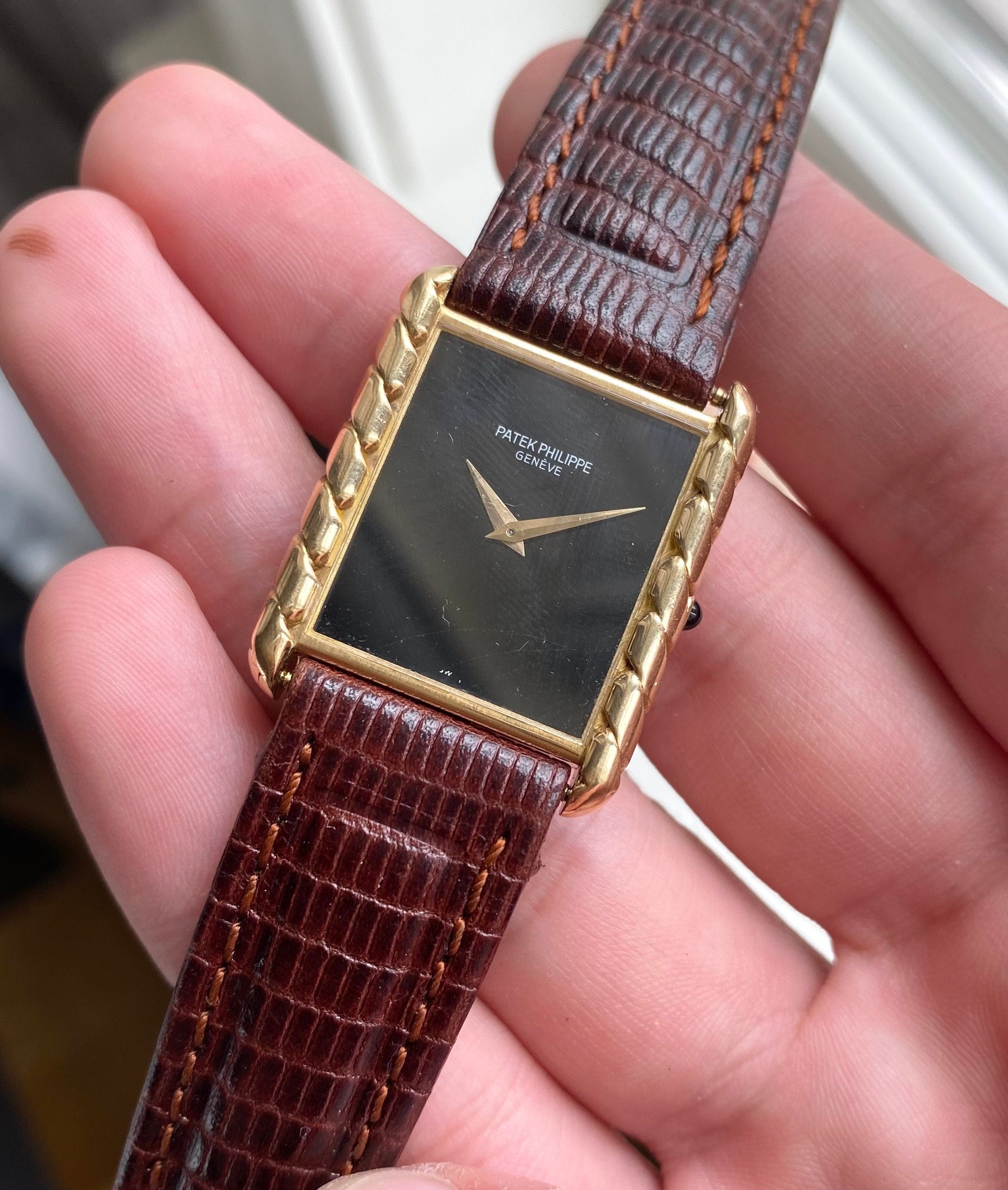 Vintage Patek Philippe Ref 4386 70s 18K Yellow Gold Tank Black Dial Manual Wind Watch