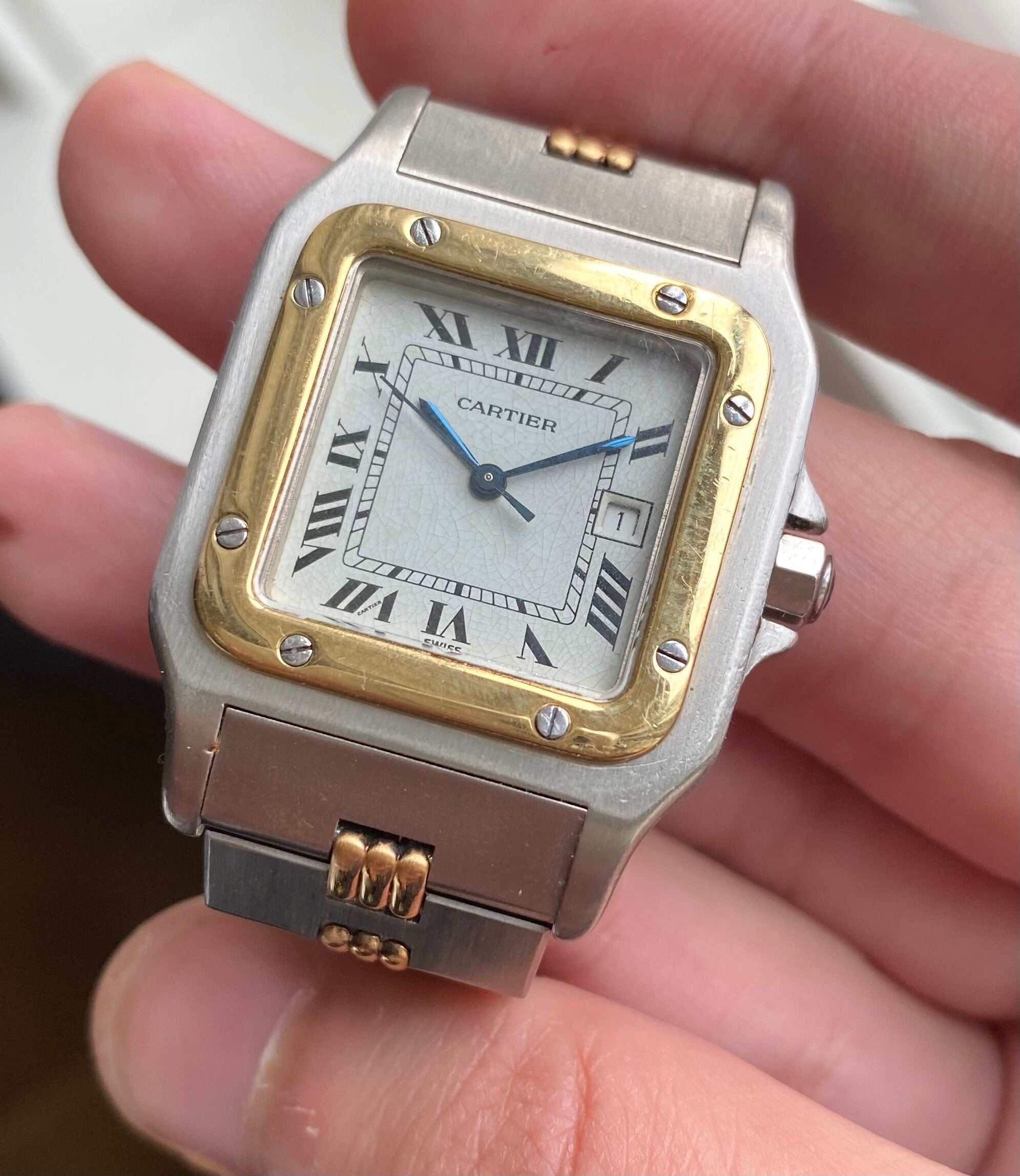 Vintage Cartier Santos 70s Automatic Two Tone White Roman Numeral Dial Watch
