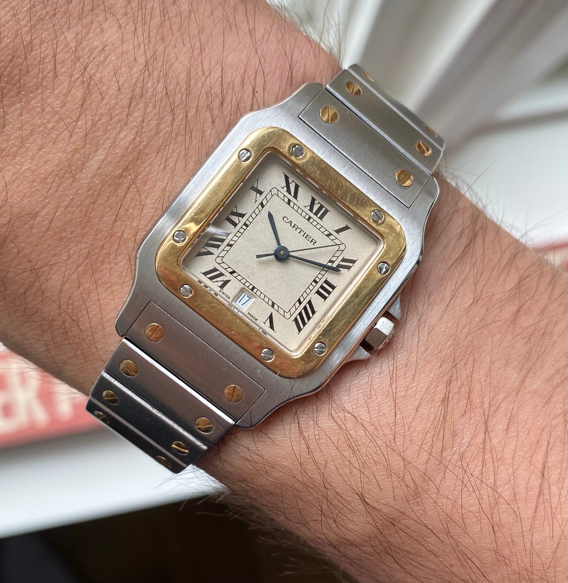 Vintage Cartier Santos 80s Two Tone Quartz Roman Numeral Cream Dial Watch