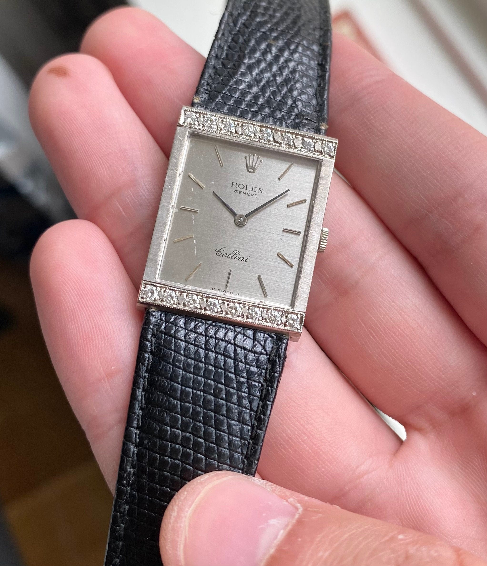 Vintage Rolex Cellini 70s 18K White Gold Tank Manual Wind Silver Dial w/ Diamonds