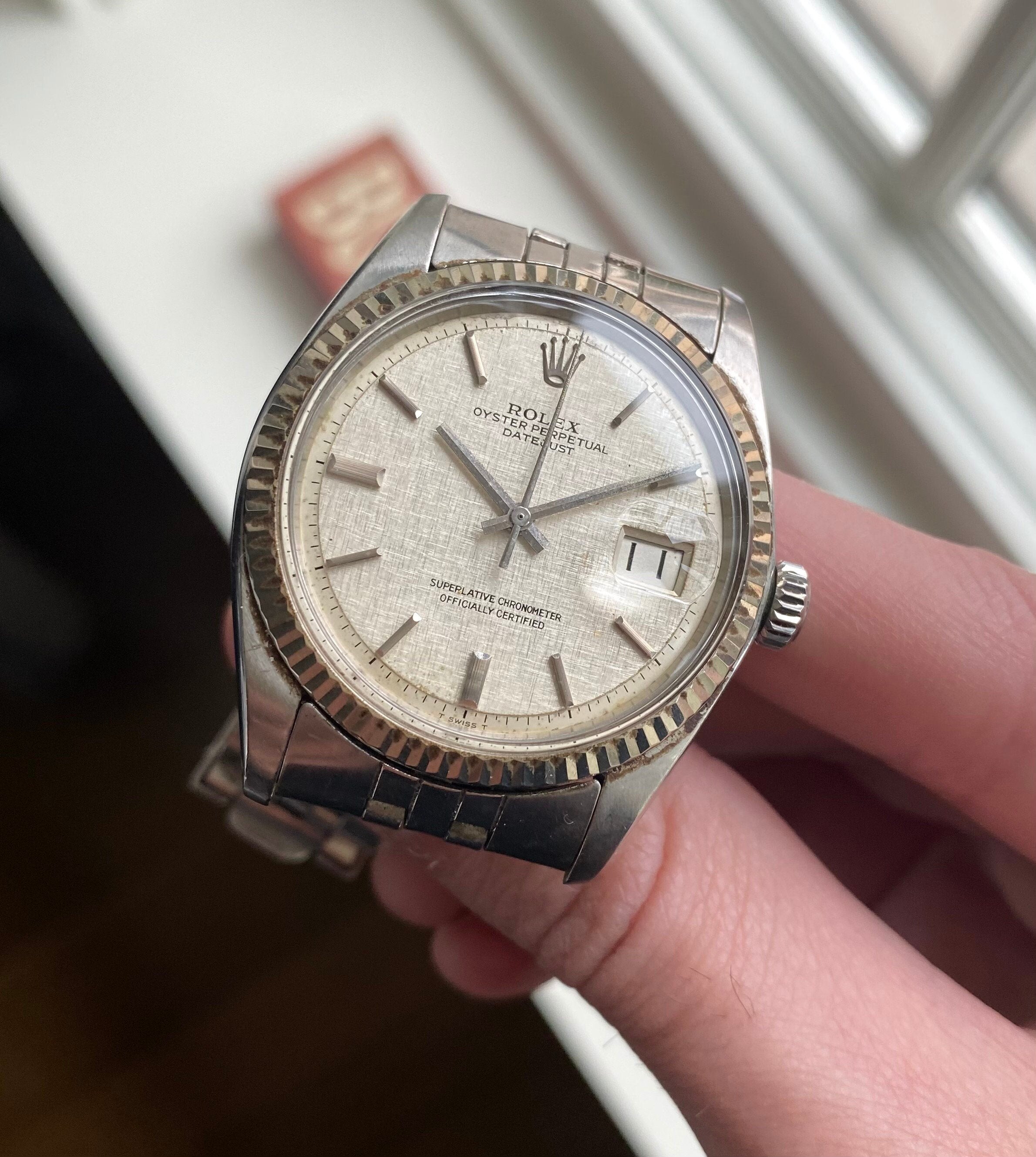 Vintage Rolex Datejust 1601 70s Automatic Silver No Lume Linen Dial 36mm Watch