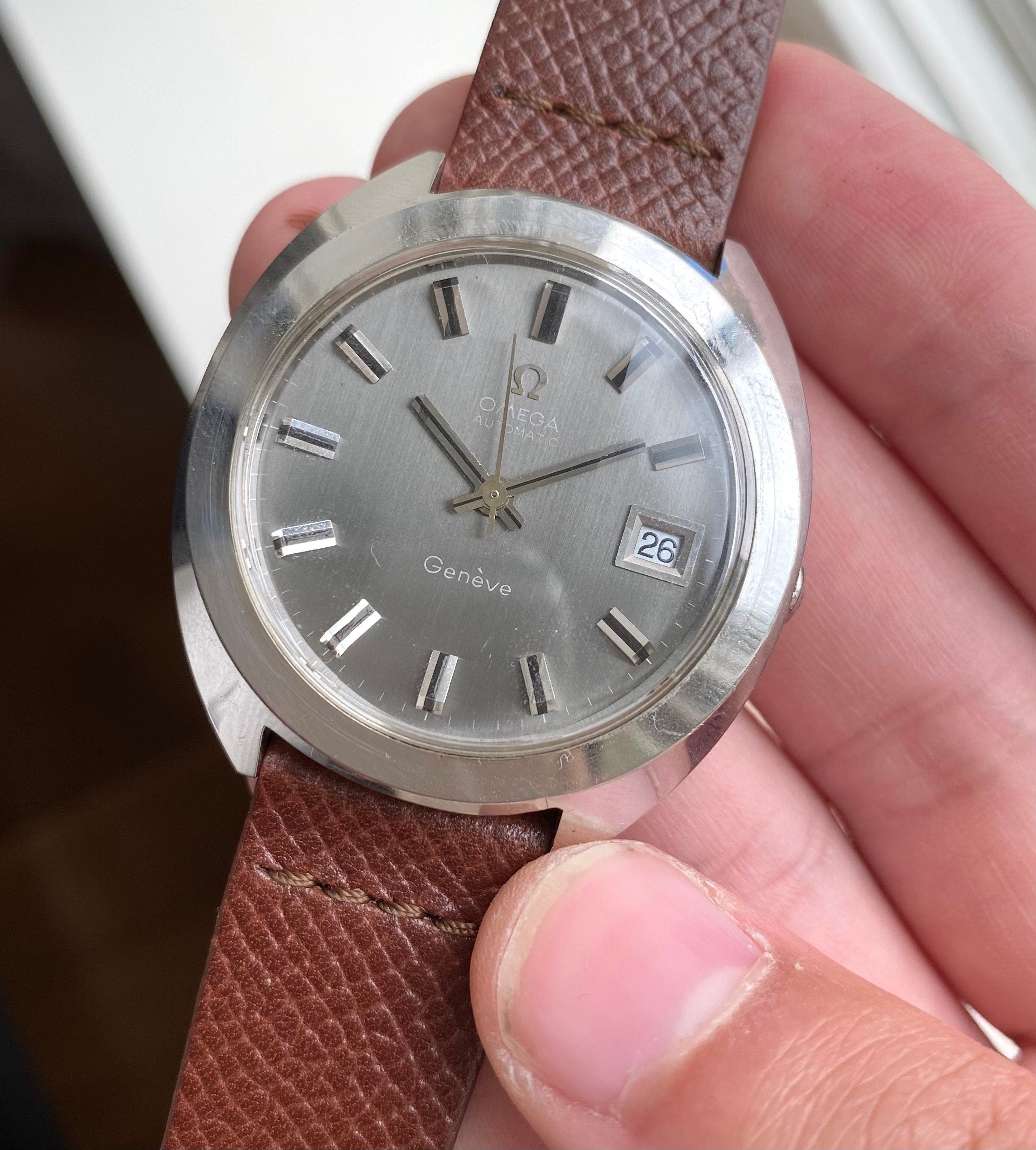 Vintage Omega Geneve Automatic Ref. ST166.721 Grey Dial "Mirror" Crystal Watch