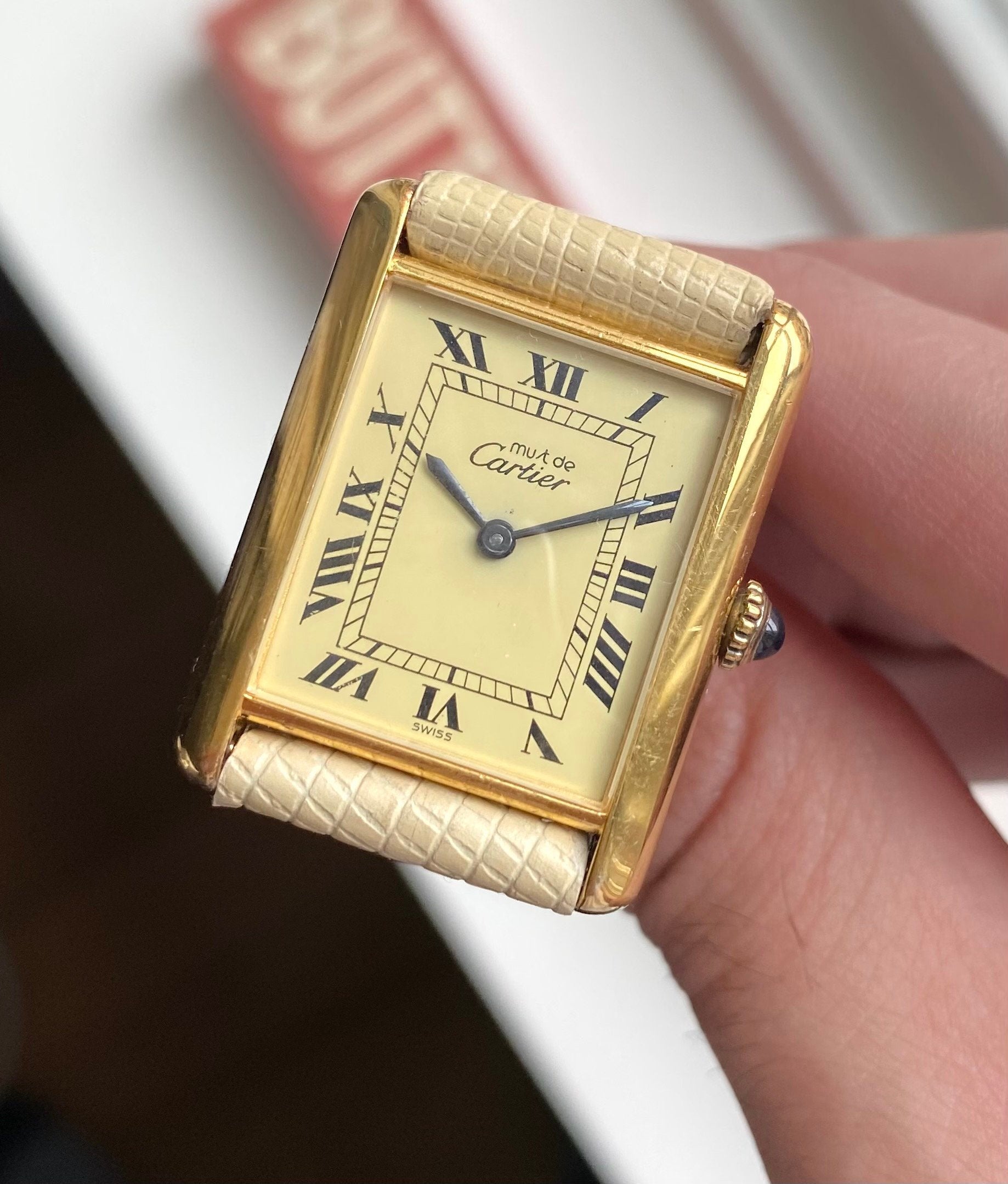 Vintage Cartier Tank Manual Wind Lemon Roman Numeral Dial 18K Electroplate Watch