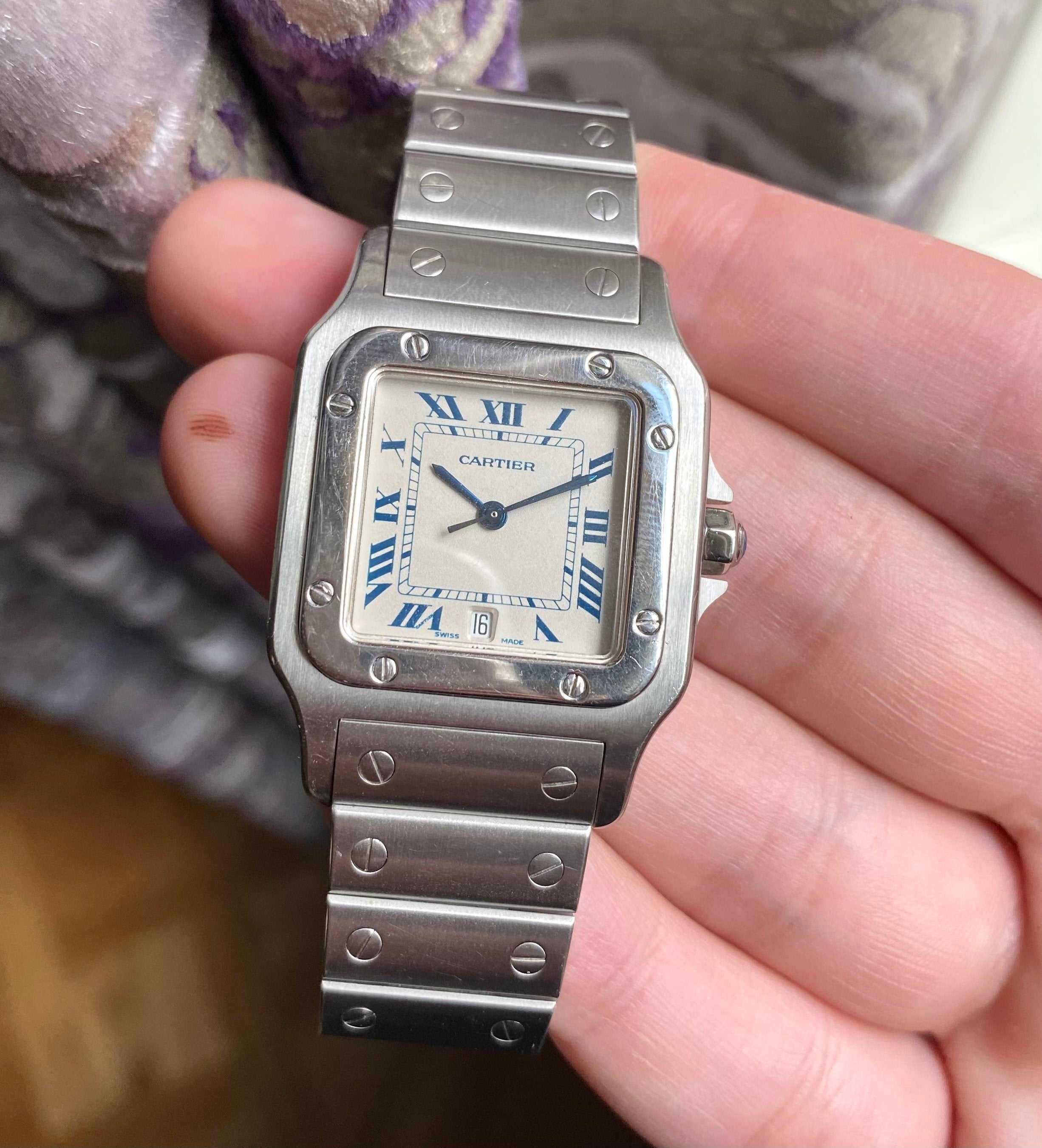 Vintage Cartier Santos Galbee 1564 Quartz White Roman Numeral Dial Steel Watch