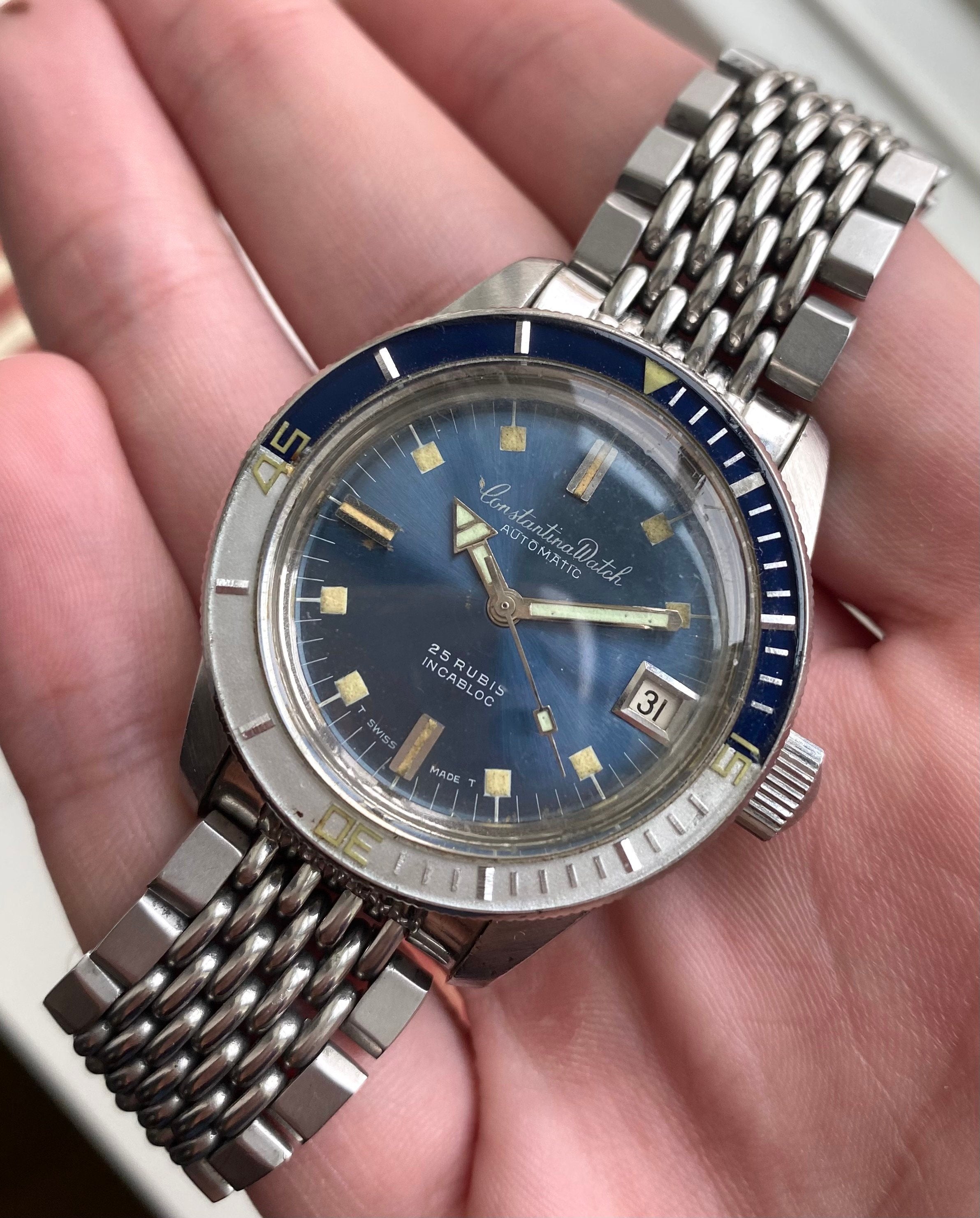 Vintage Constantina Diver Automatic Blue Dial Bakelite Bezel Steel Case Watch