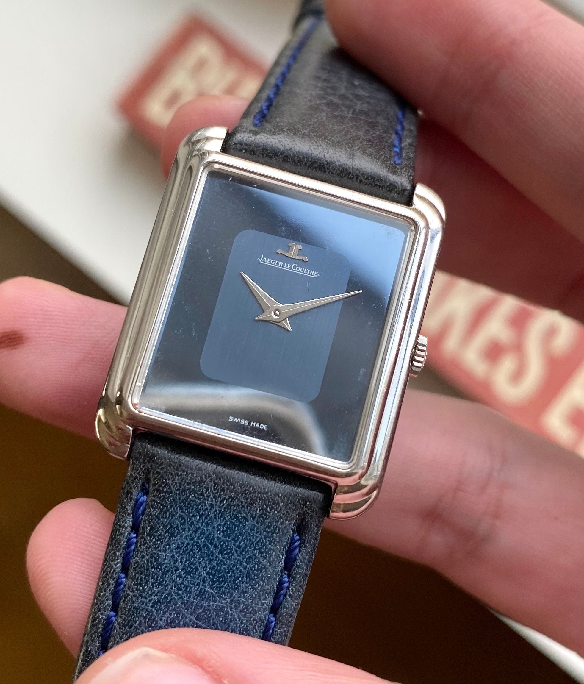 Jaeger LeCoultre Tank 70s Manual Wind Dark Blue Two Tone Glossy Dial Steel Watch