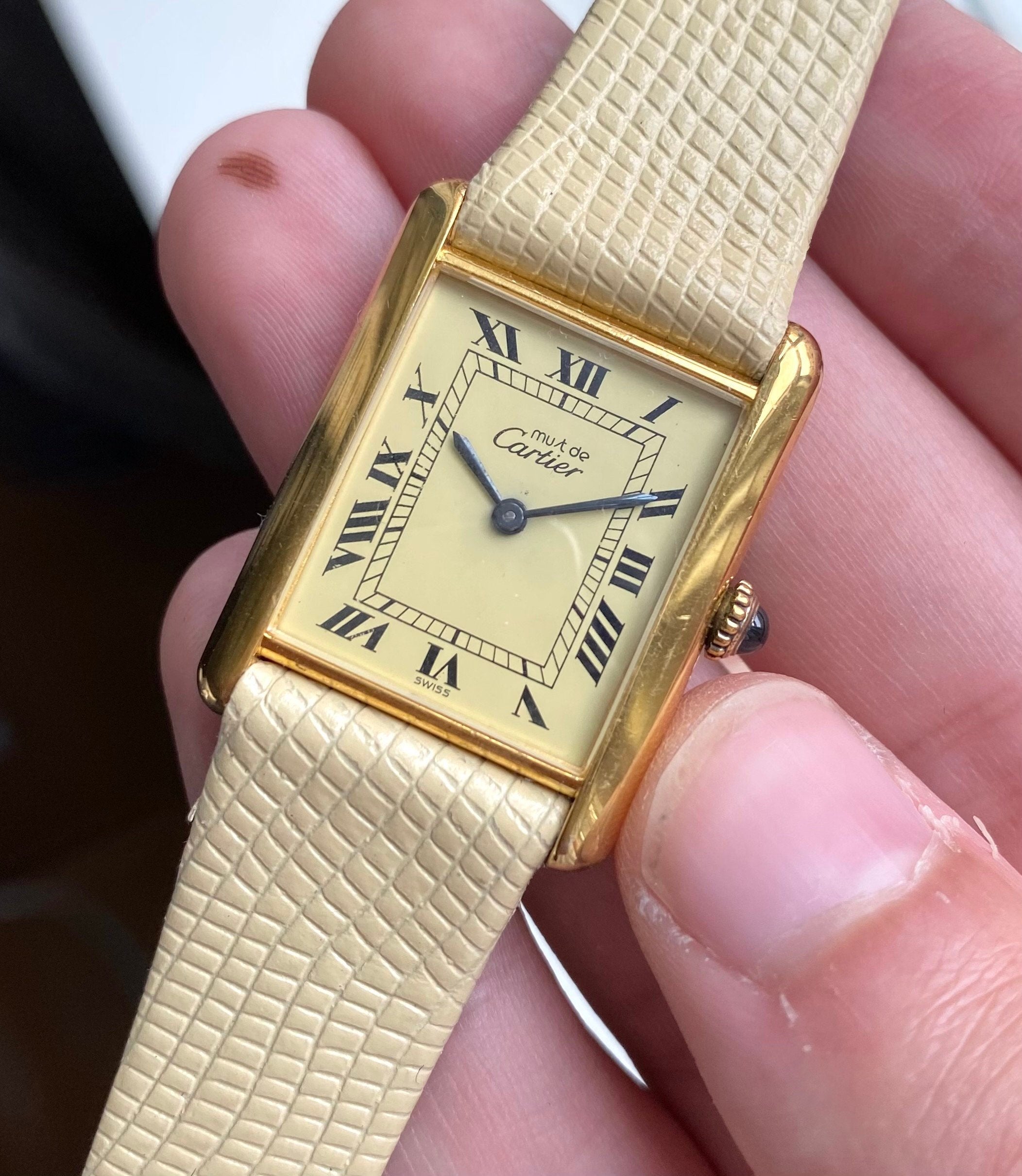Vintage Cartier Tank Manual Wind Lemon Roman Numeral Dial 18K Electroplate Watch