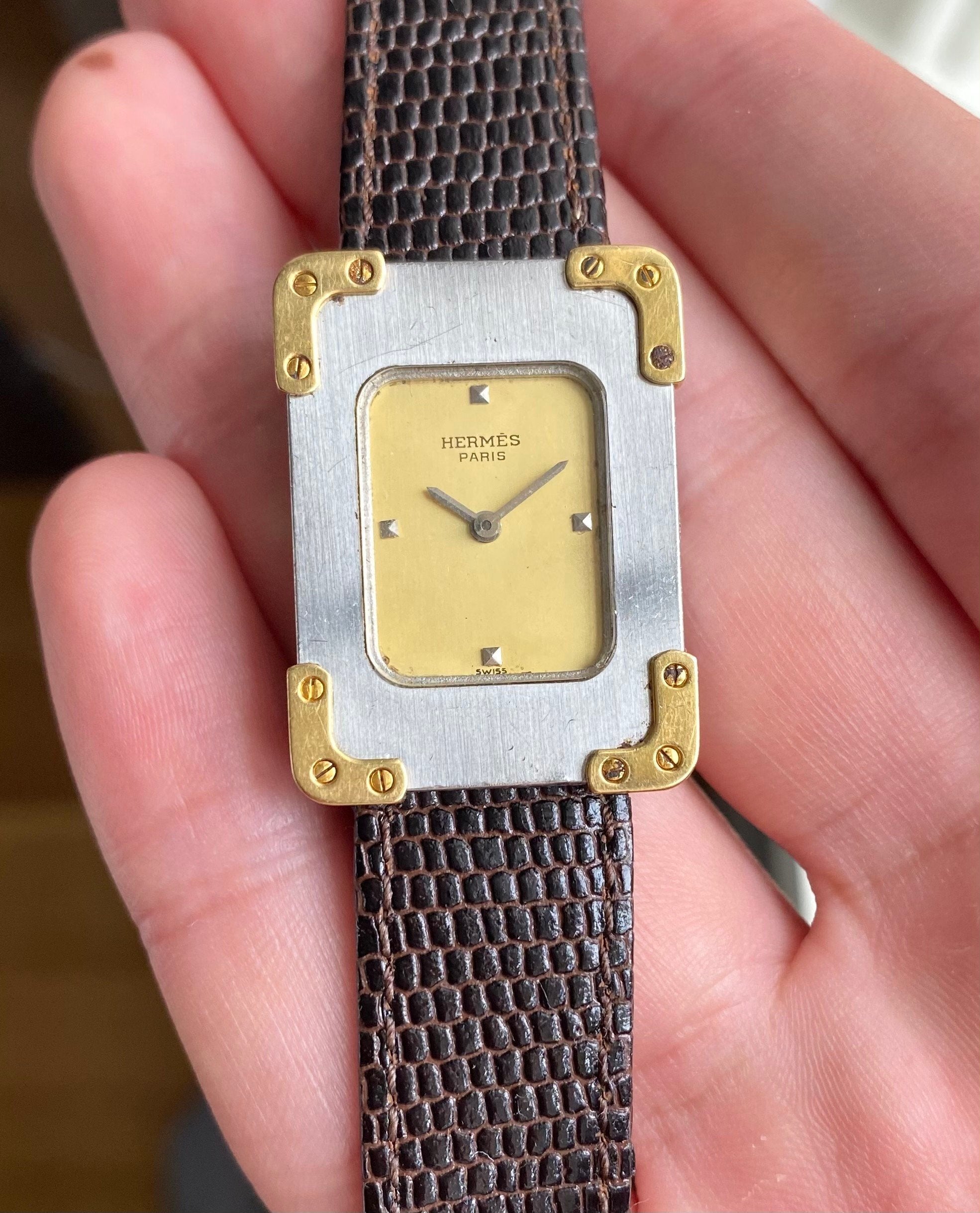 Vintage Hermes Tank 80s Tank Quartz Champagne Dial Two Tone Steel Case Watch