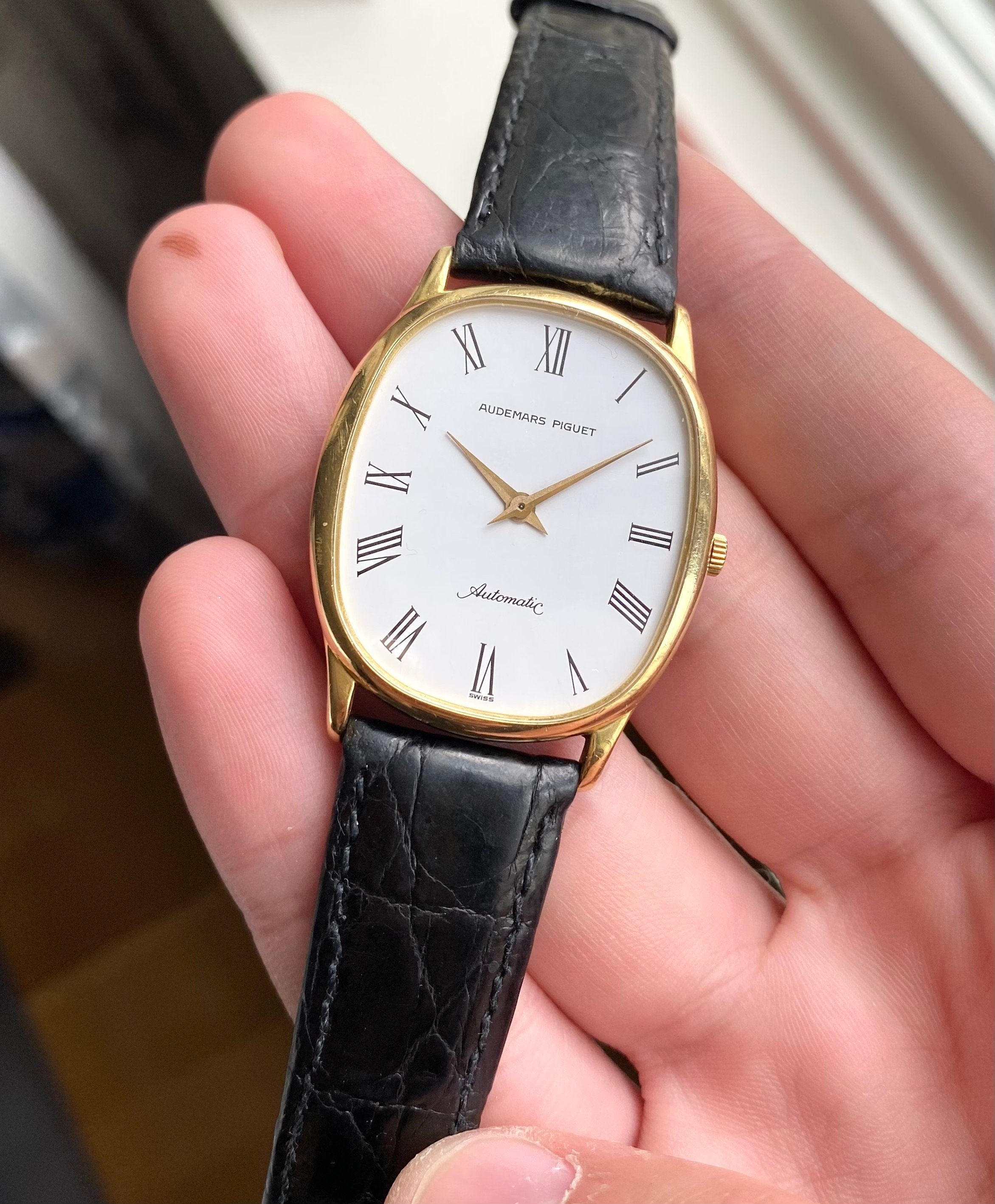 Vintage Audemars Piguet 70s Automatic 18K Yellow Gold Tank White Roman Dial Watch