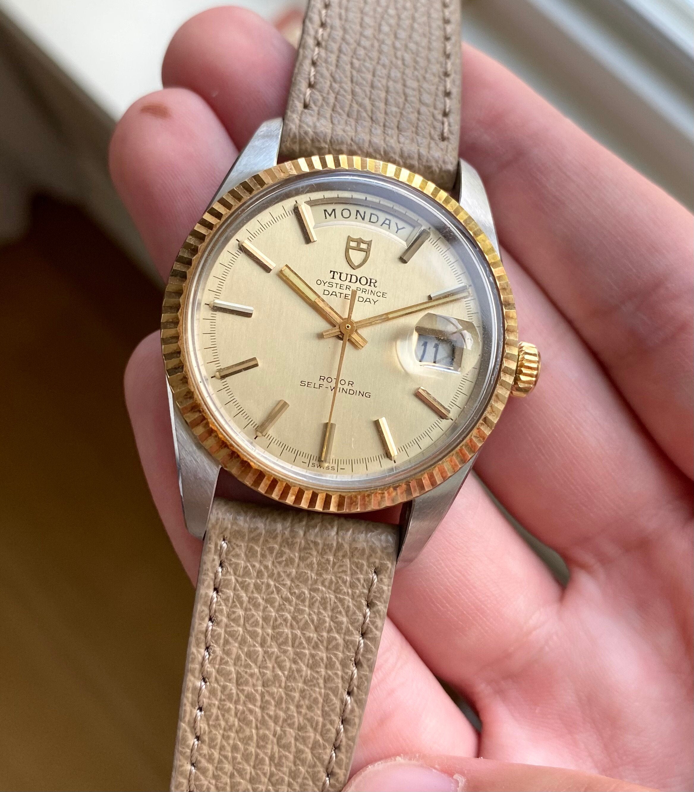 Vintage Tudor Oysterprince Date Day 38mm Jumbo Two Tone Champagne Dial Watch