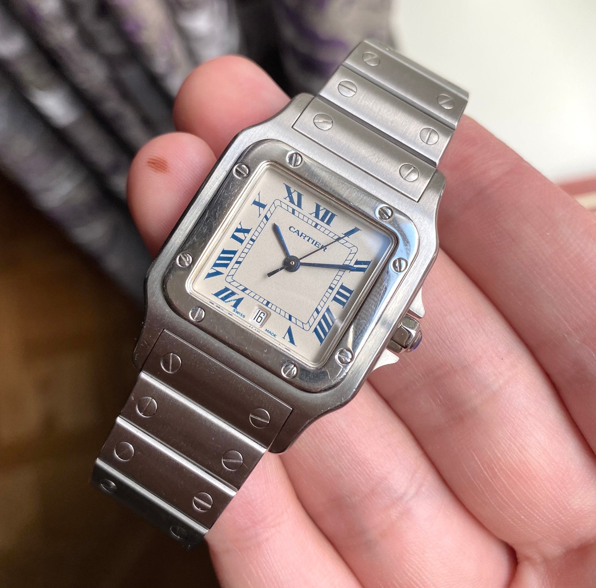 Vintage Cartier Santos Galbee 1564 Quartz White Roman Numeral Dial Steel Watch