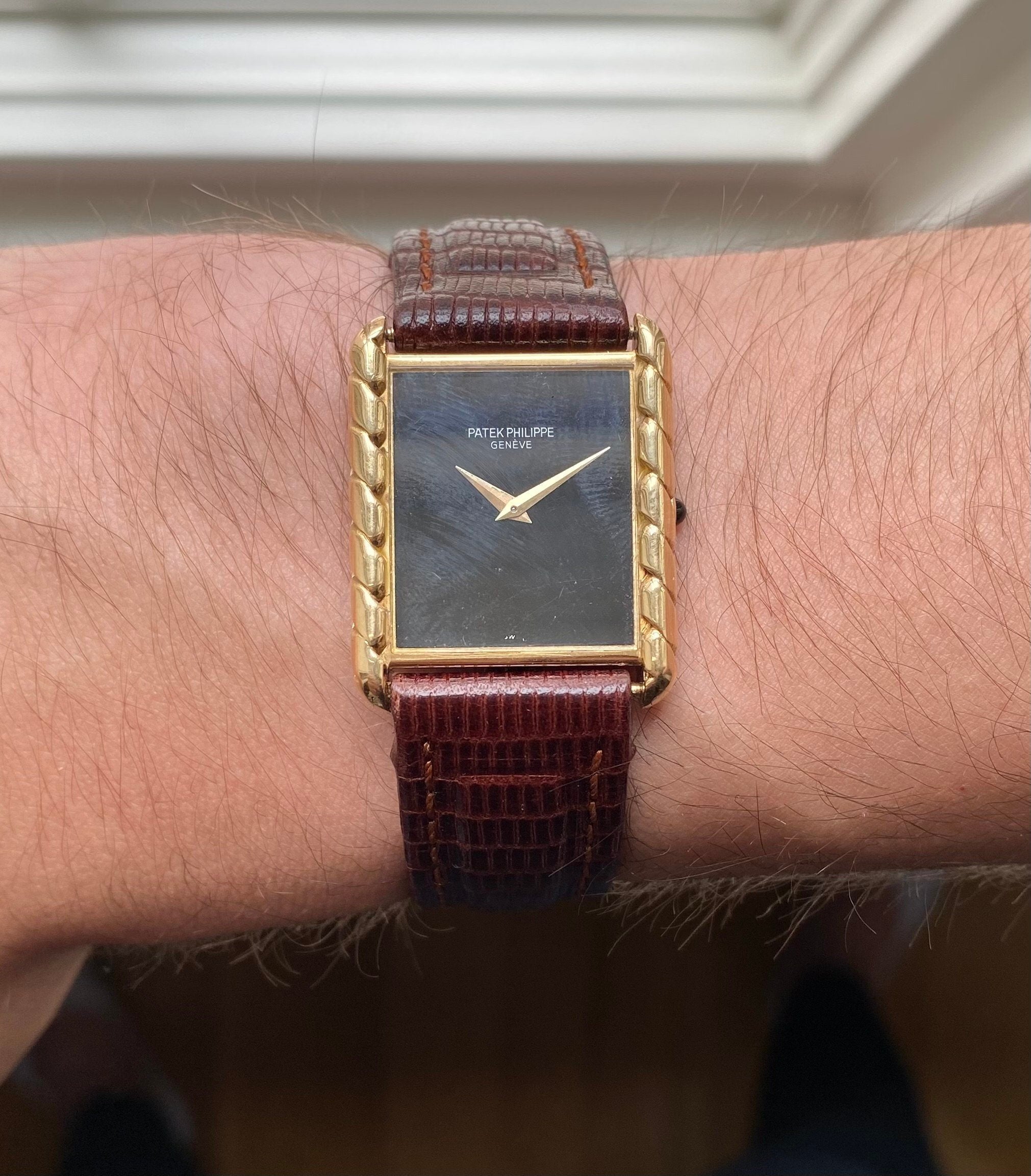 Vintage Patek Philippe Ref 4386 70s 18K Yellow Gold Tank Black Dial Manual Wind Watch