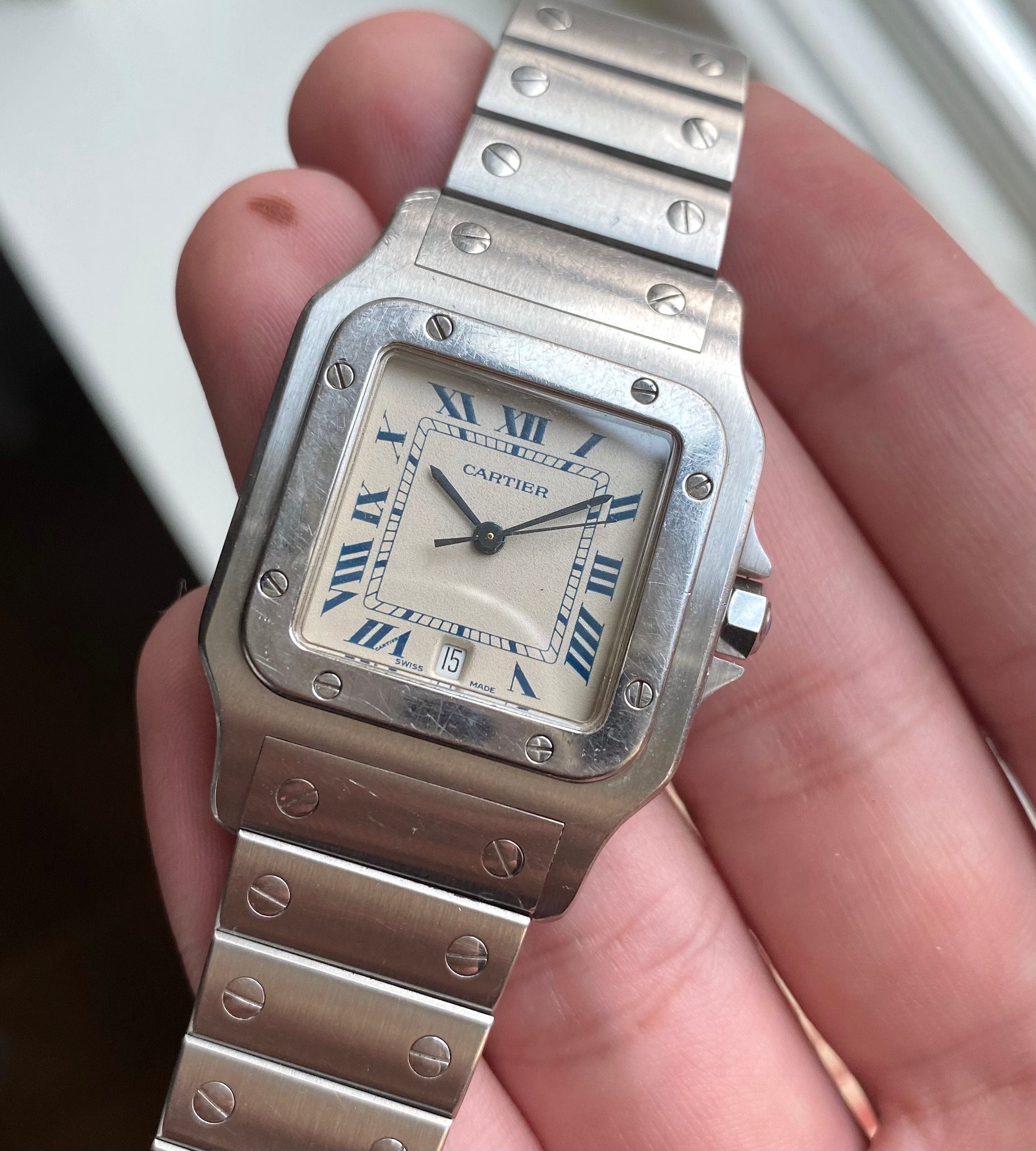 Vintage Cartier Santos 80s Quartz White Blue Roman Numeral Dial Steel Watch