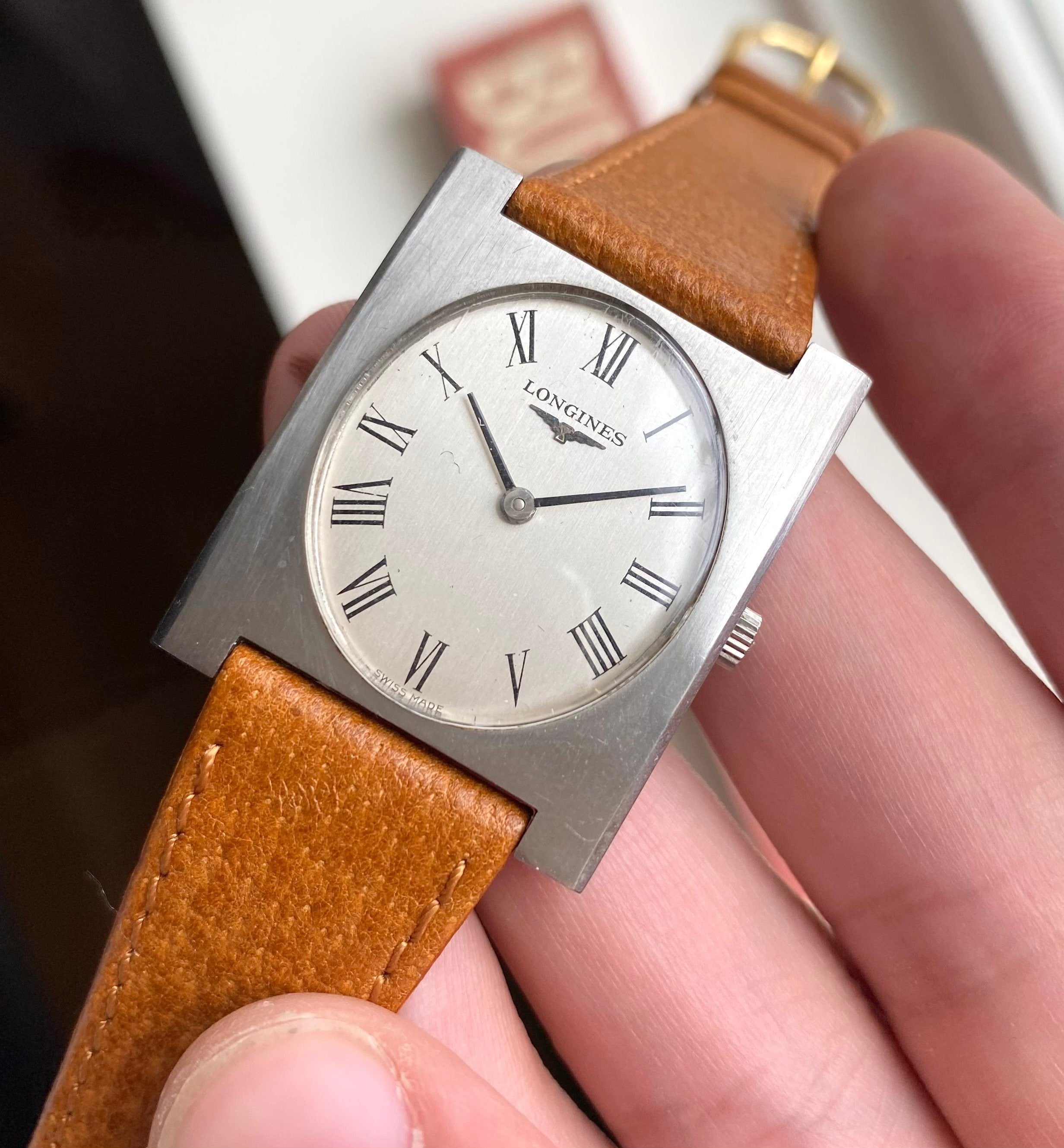 Vintage Longines Tank Manual Wind Silver Roman Numeral Dial Steel Case Watch