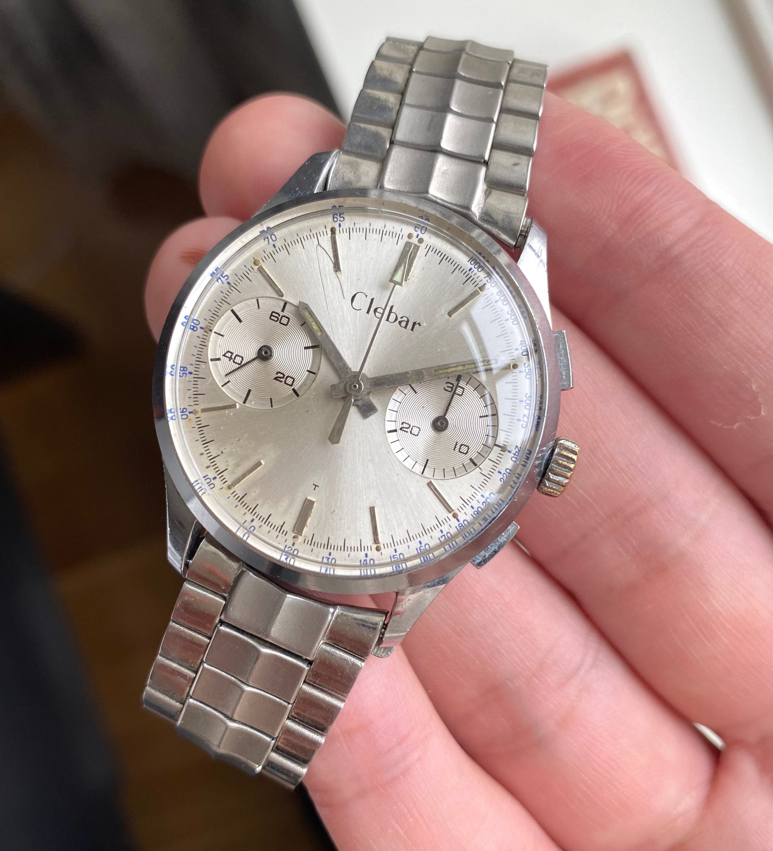 Vintage Clebar Chronograph Manual Wind Landeron 248 Silver Dial Chrome Watch