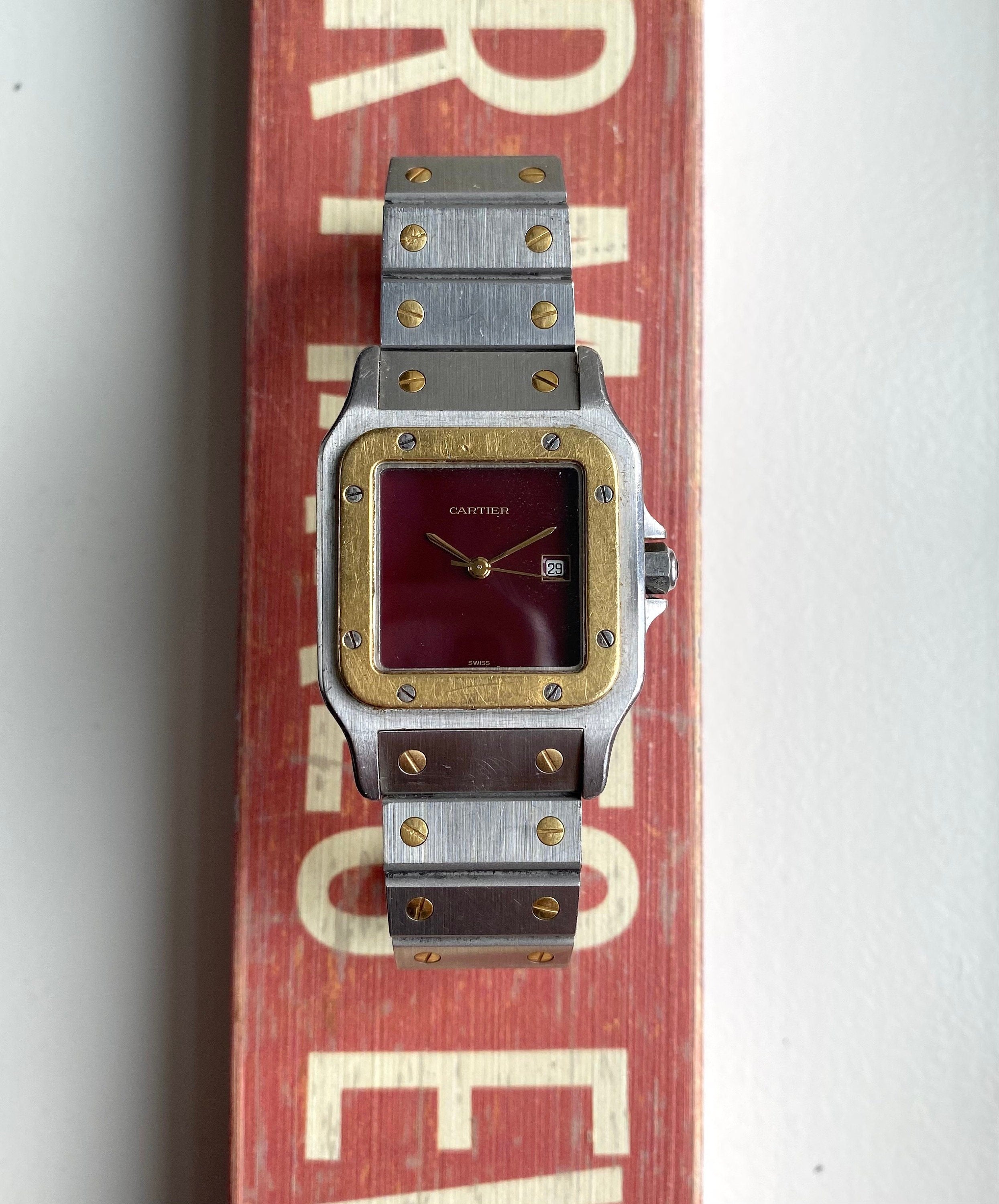 Cartier Santos 80s Vintage Automatic Two Tone RARE Red Lacquered Dial 29mm Case