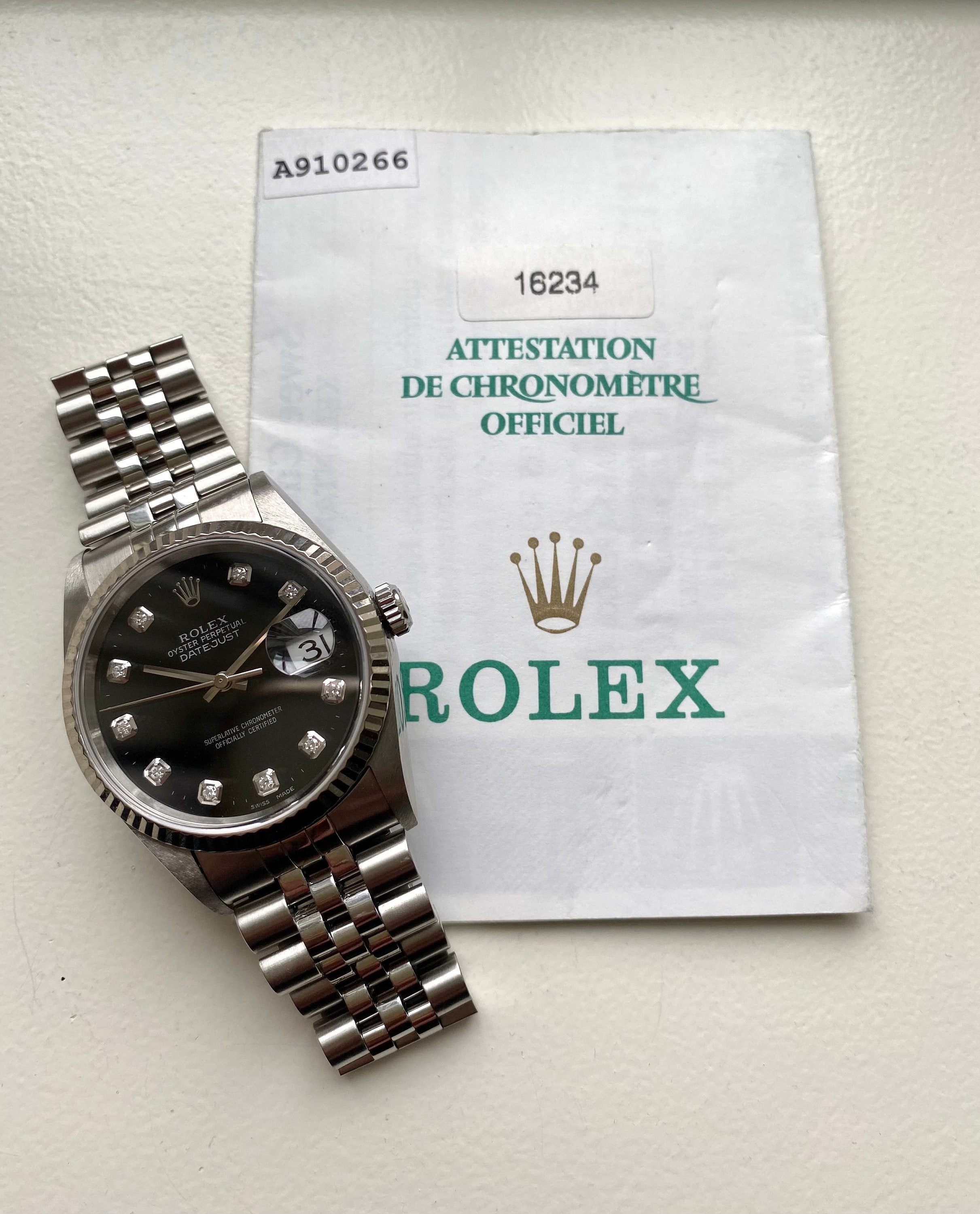 Rolex Datejust Ref 16234G 90s Factory Black Diamond Dial w/ Papers Watch