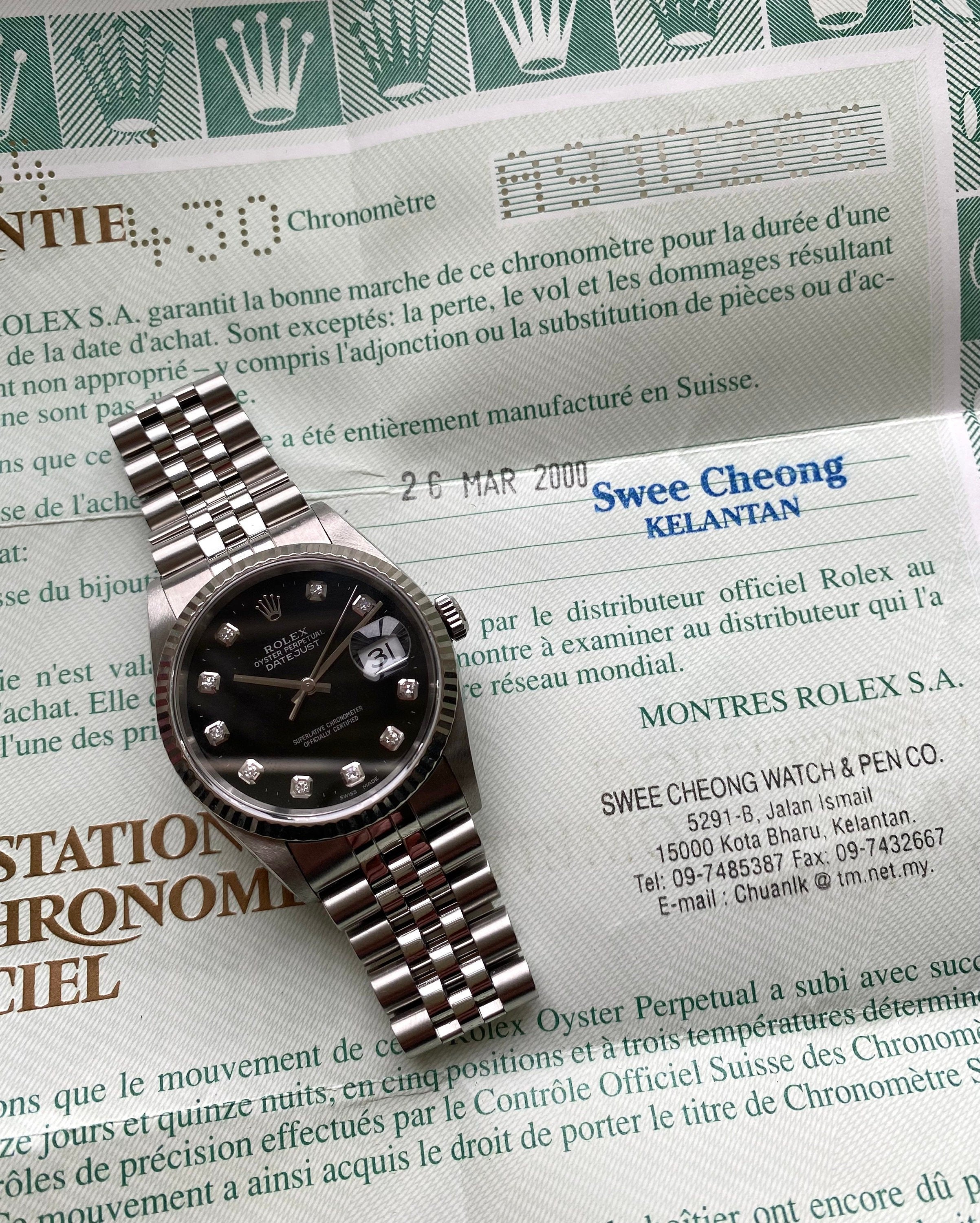 Rolex Datejust Ref 16234G 90s Factory Black Diamond Dial w/ Papers Watch