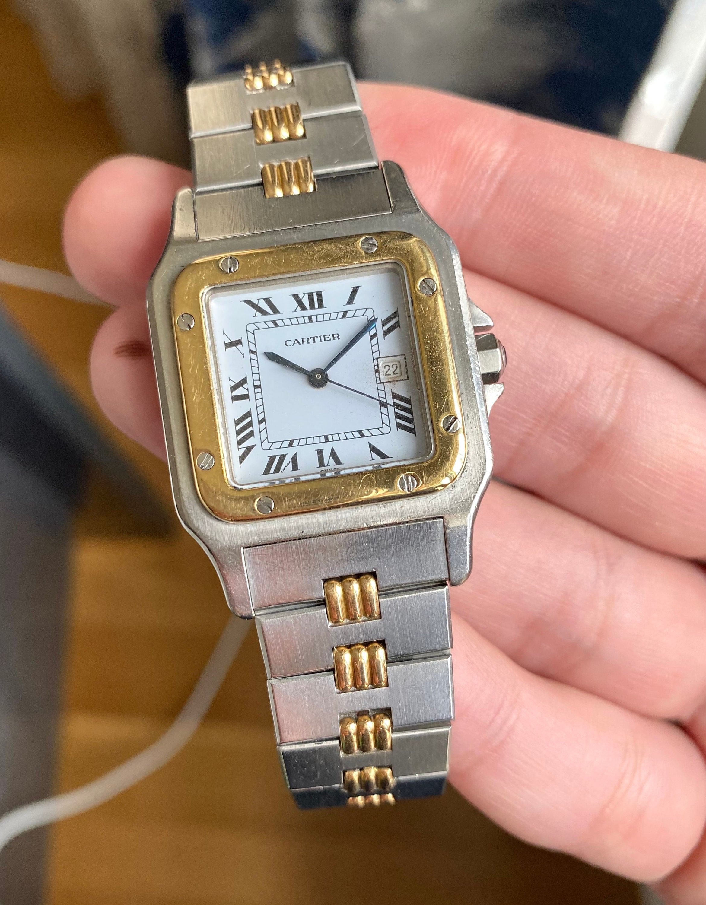 Vintage Cartier Santos 80s Automatic Two Tone White Roman Numeral Dial Watch
