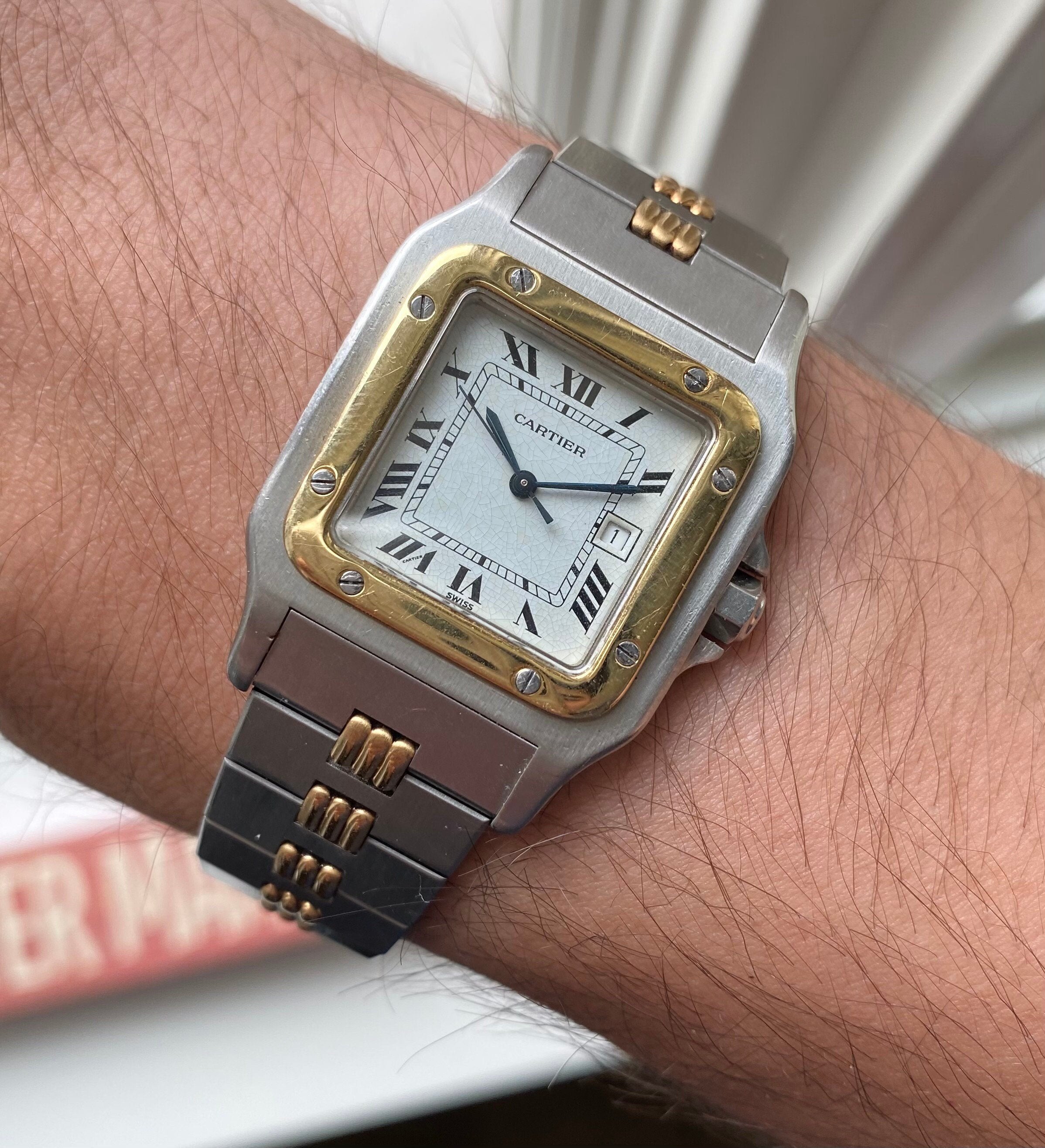 Vintage Cartier Santos 70s Automatic Two Tone White Roman Numeral Dial Watch