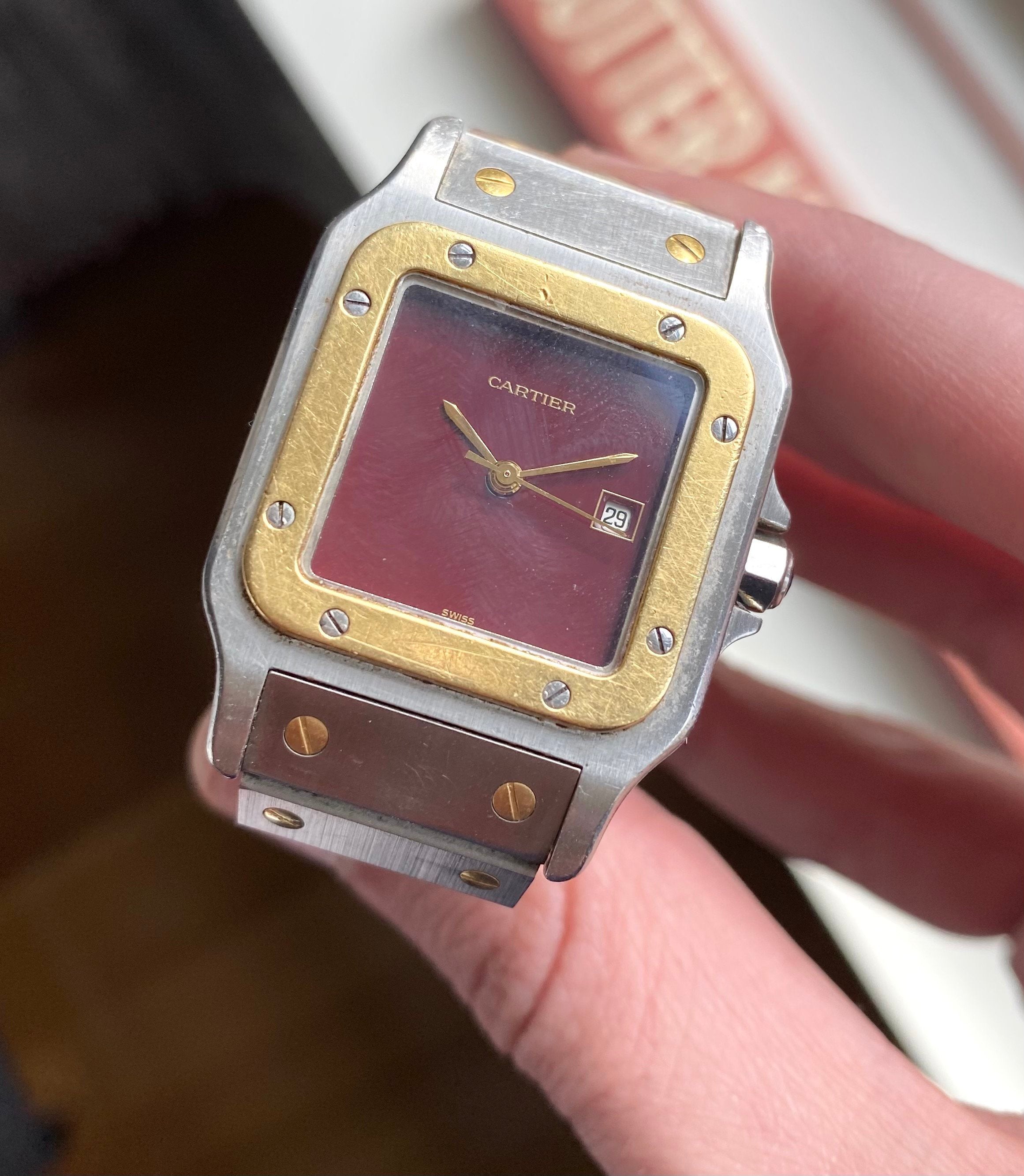 Cartier Santos 80s Vintage Automatic Two Tone RARE Red Lacquered Dial 29mm Case