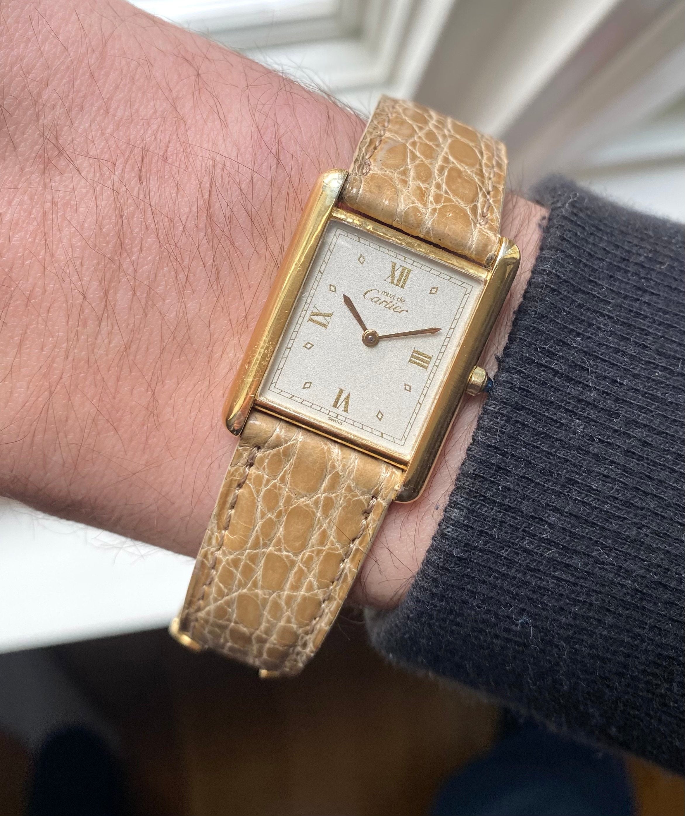 Cartier Tank 80s Quartz White Roman Dial 18K Gold Electroplated 23mm Case Watch