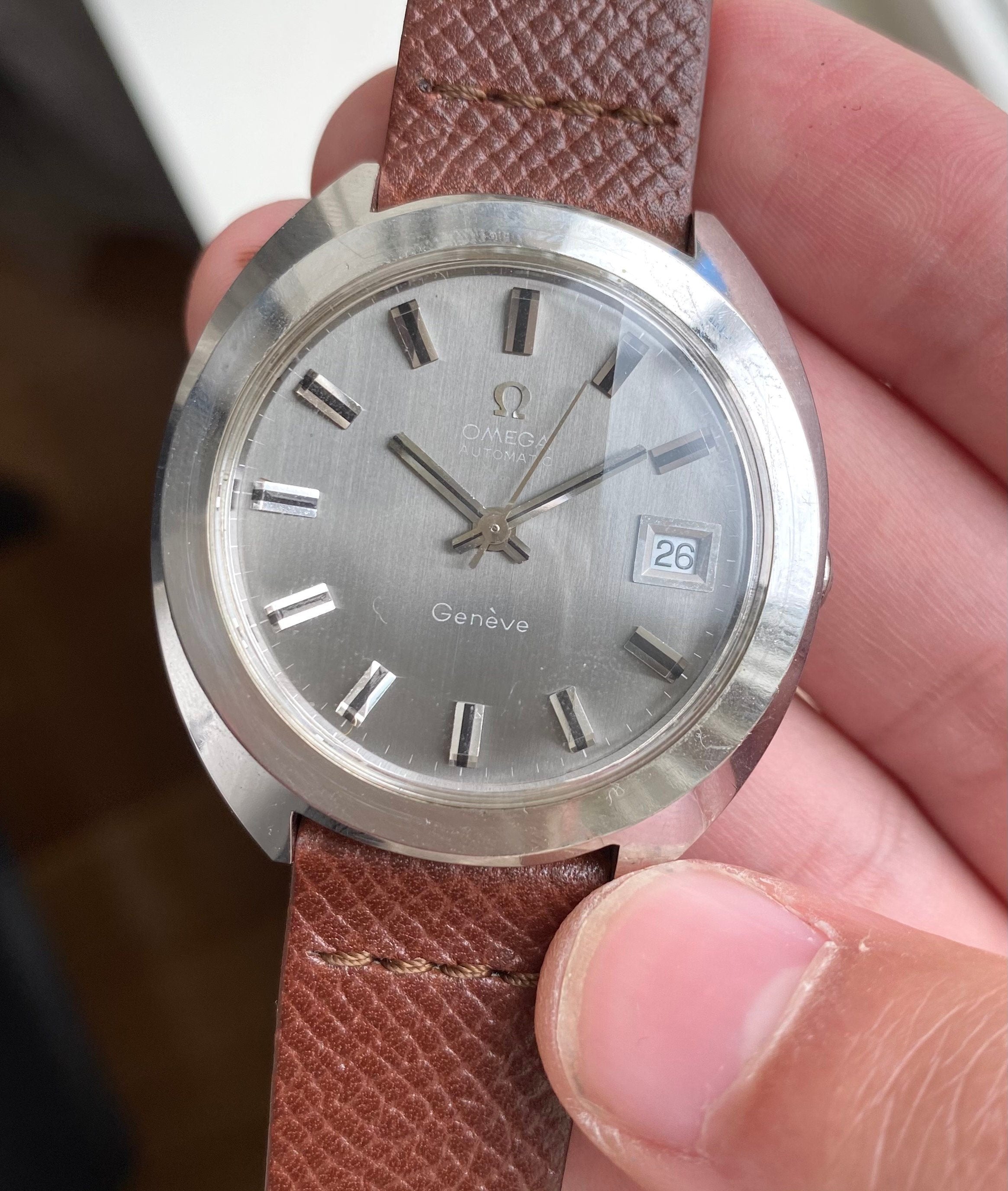 Vintage Omega Geneve Automatic Ref. ST166.721 Grey Dial "Mirror" Crystal Watch