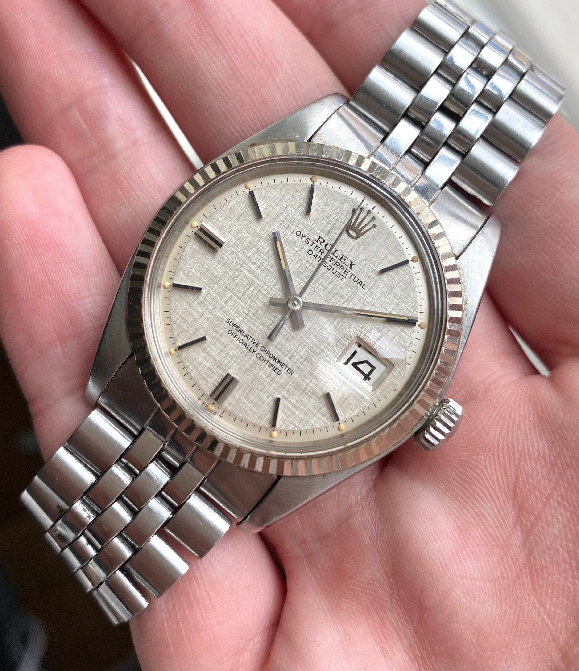 Vintage Rolex Datejust 1601 70s Automatic Silver Linen Dial Oyster Case Watch