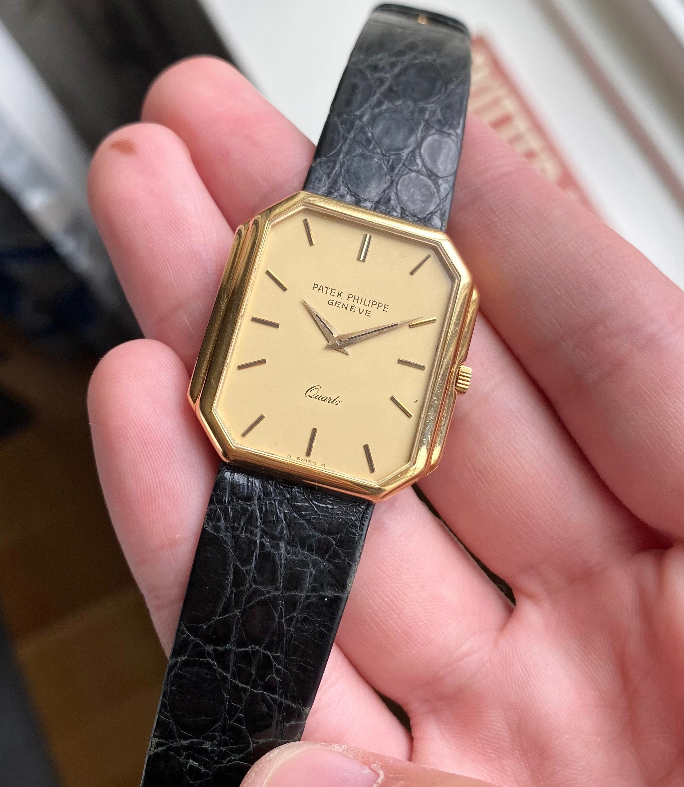 Vintage Patek Philippe 18K Yellow Gold Tank Quartz Matte Champagne Dial Watch