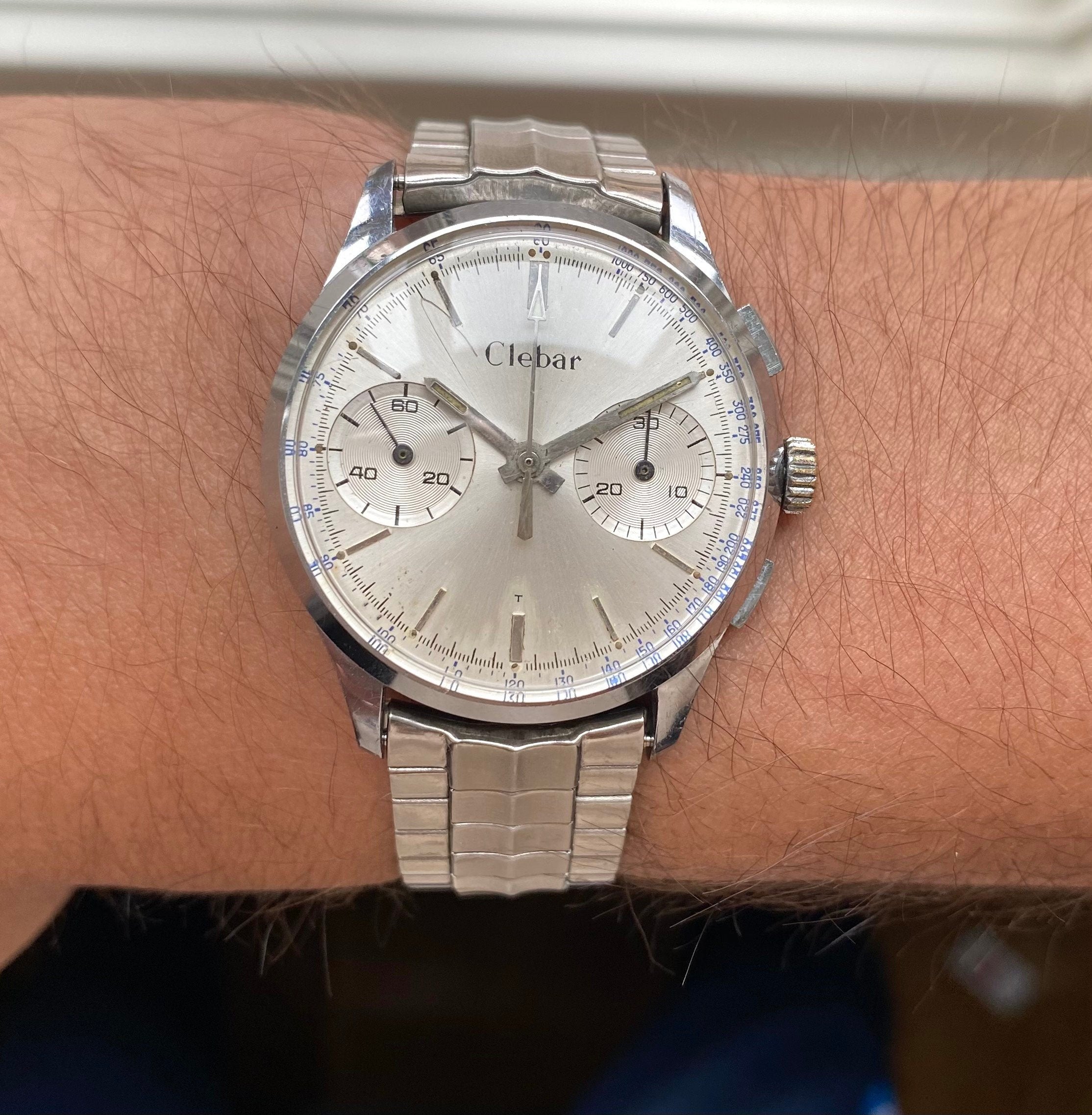 Vintage Clebar Chronograph Manual Wind Landeron 248 Silver Dial Chrome Watch