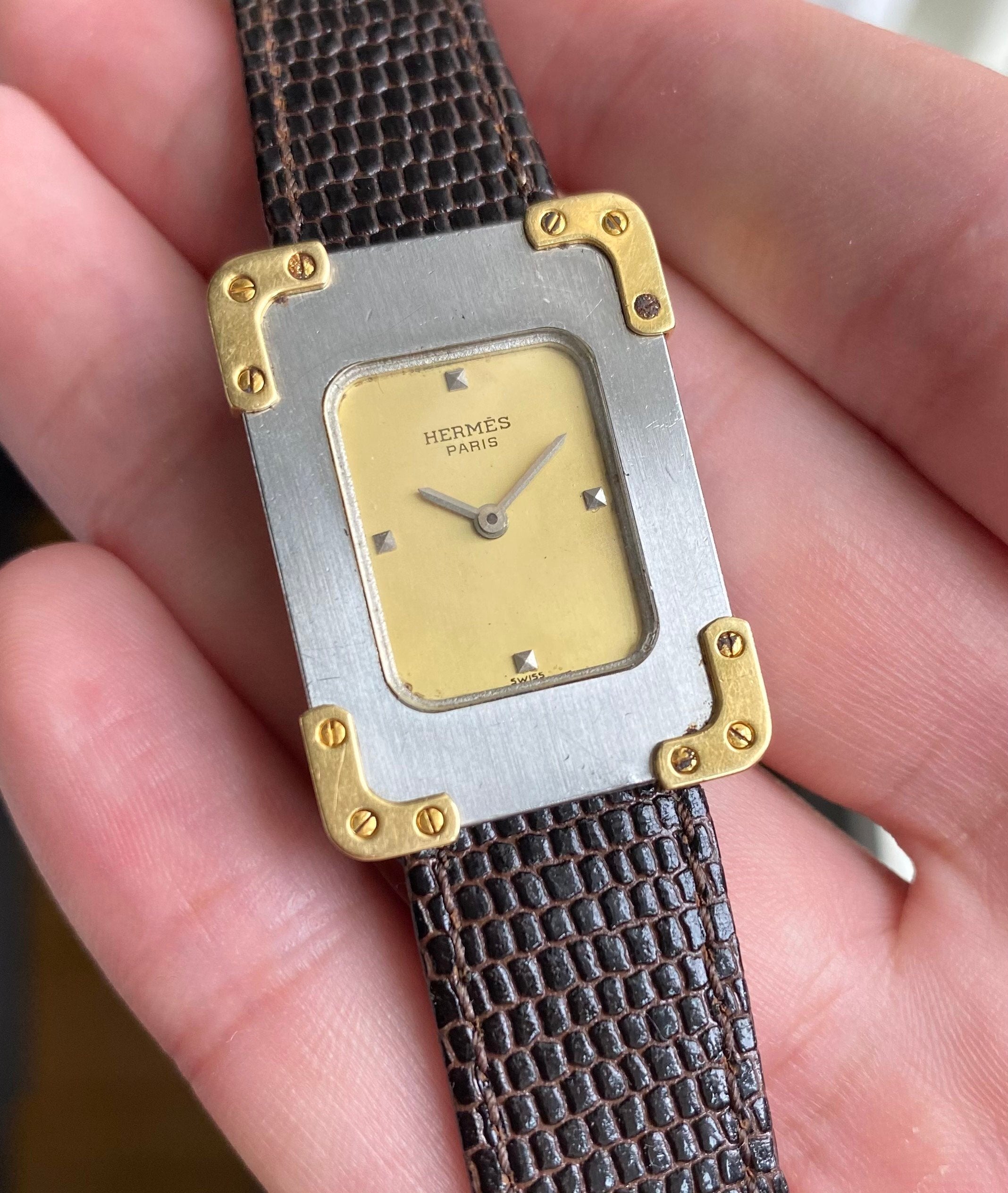 Vintage Hermes Tank 80s Tank Quartz Champagne Dial Two Tone Steel Case Watch
