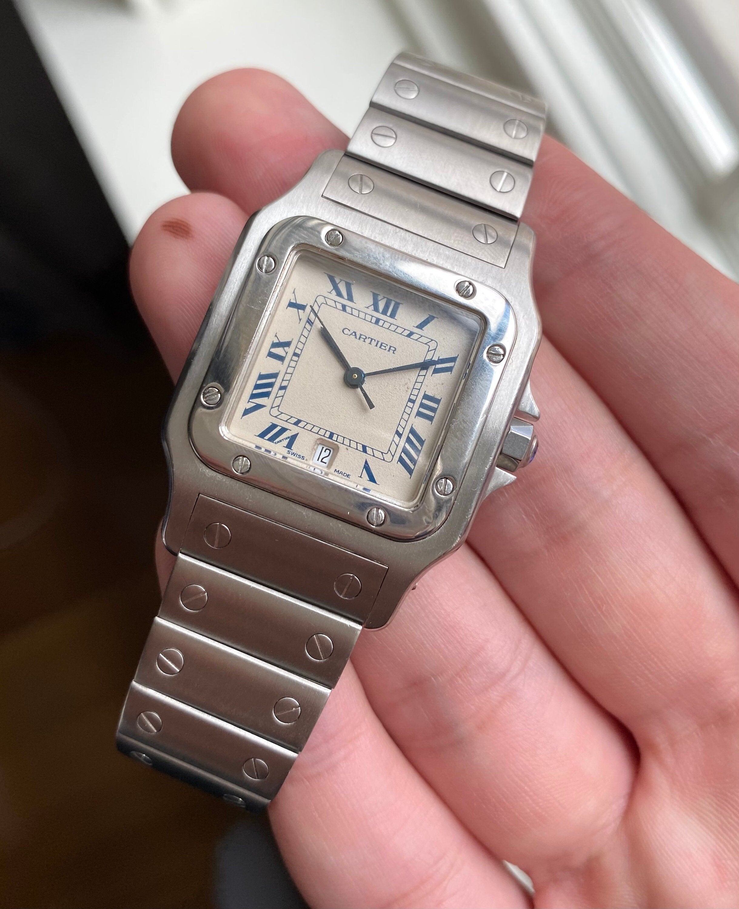 Vintage Cartier Santos Galbee Quartz White Roman Numeral Dial Steel Case Watch
