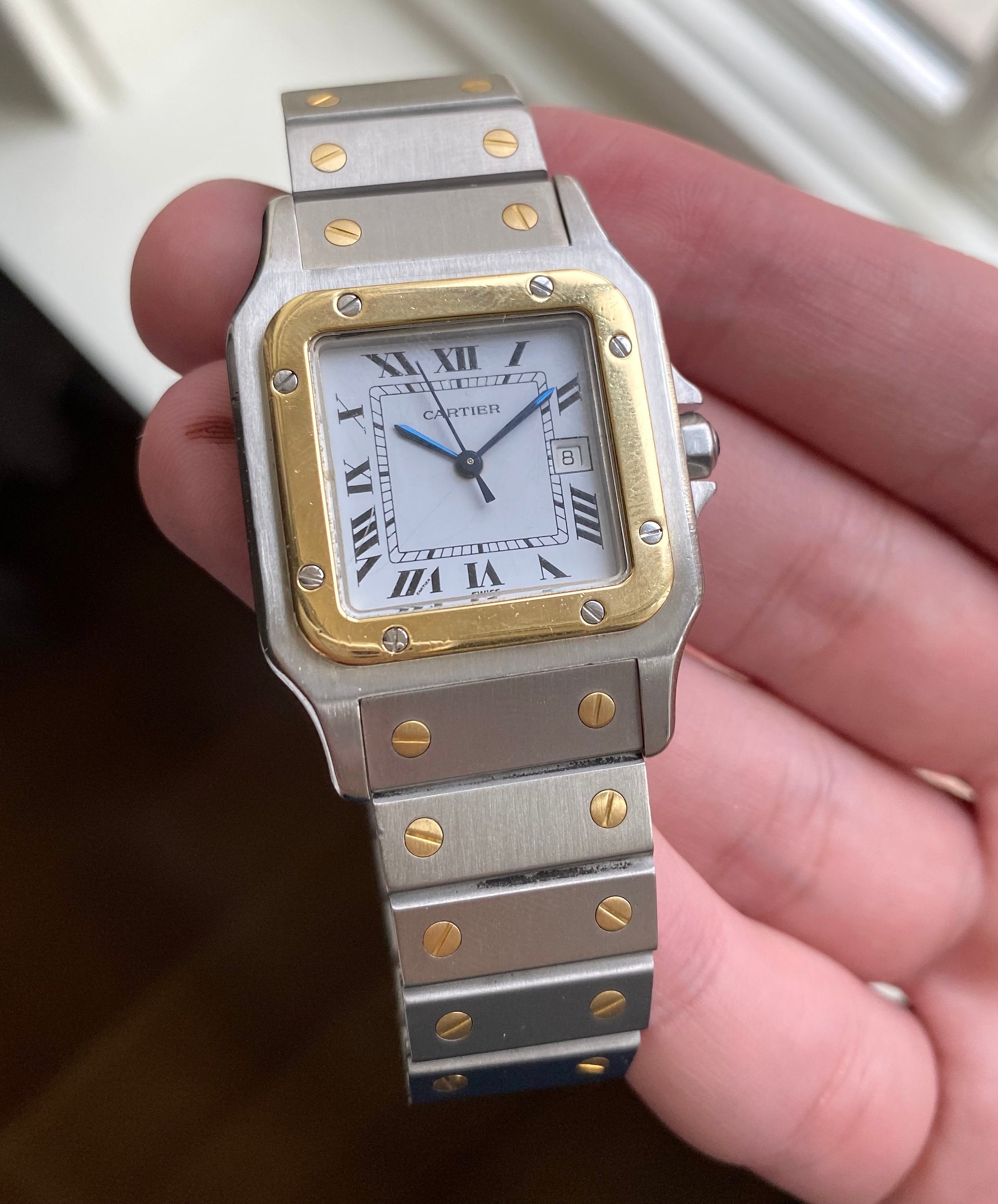 Cartier Santos 80s Automatic Two Tone White Roman Numeral Dial Steel Watch