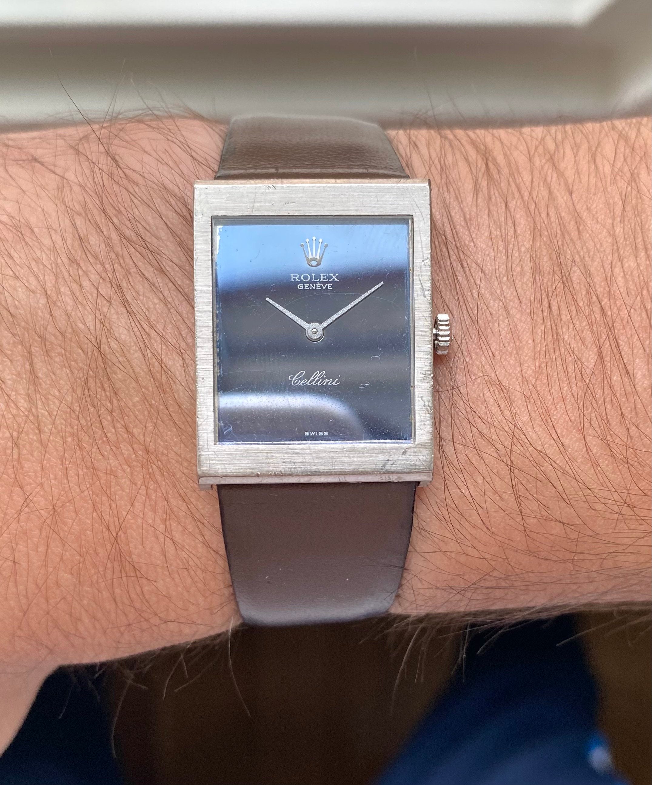 Vintage Rolex Cellini 70s 18K White Gold Tank Manual Wind Blue Mirror Dial Watch