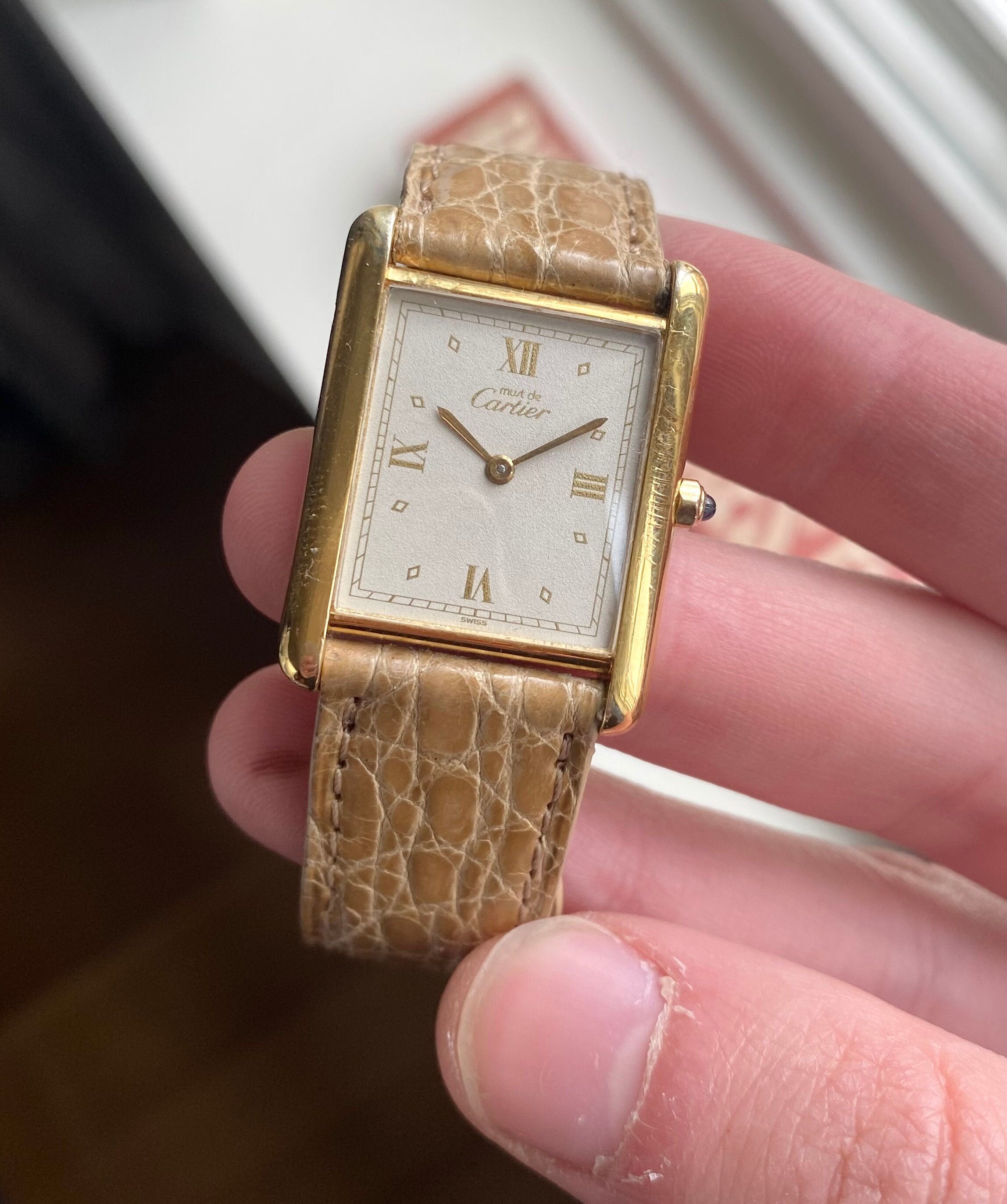 Cartier Tank 80s Quartz White Roman Dial 18K Gold Electroplated 23mm Case Watch