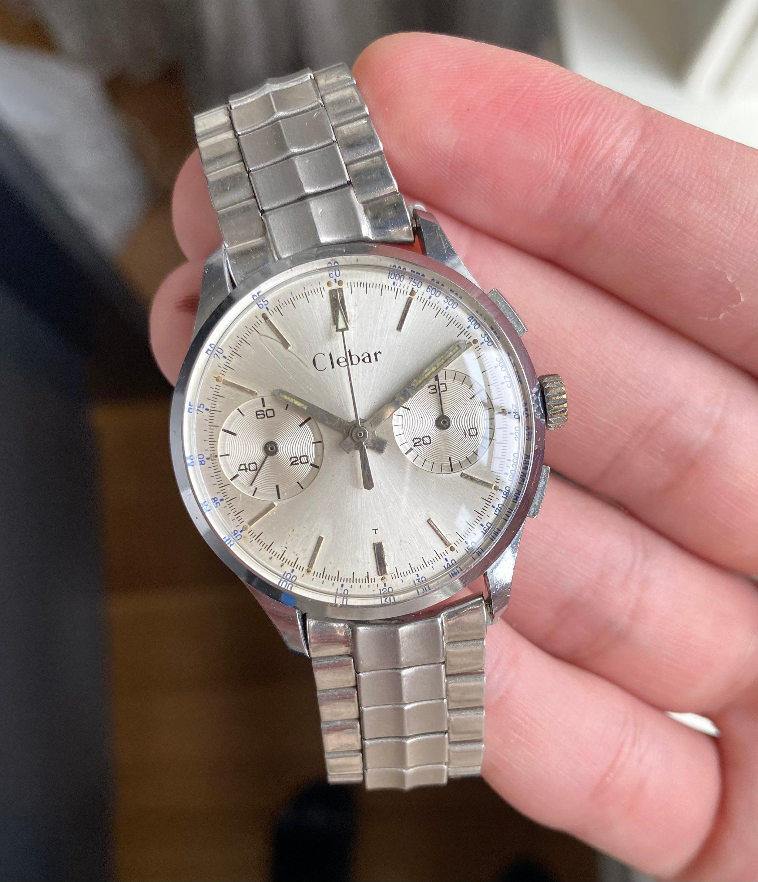 Vintage Clebar Chronograph Manual Wind Landeron 248 Silver Dial Chrome Watch