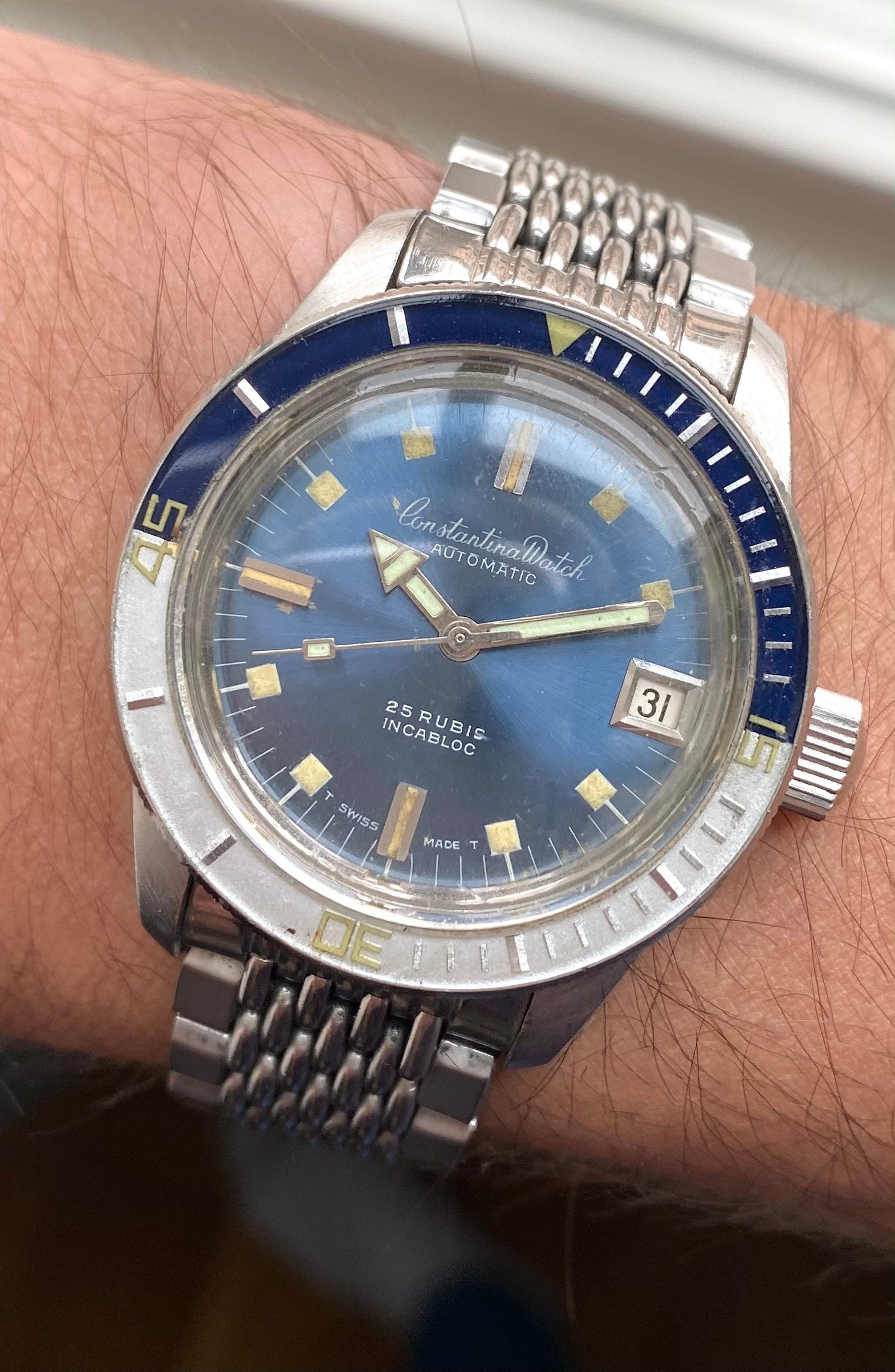 Vintage Constantina Diver Automatic Blue Dial Bakelite Bezel Steel Case Watch