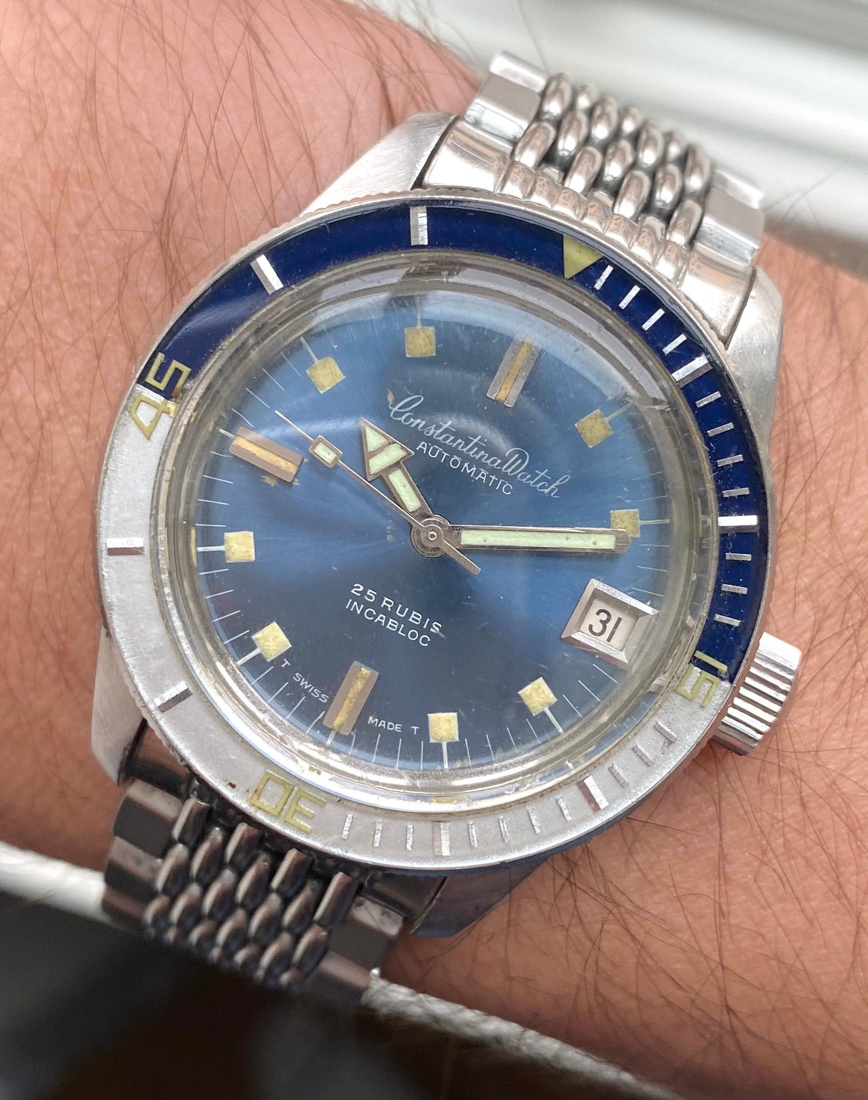 Vintage Constantina Diver Automatic Blue Dial Bakelite Bezel Steel Case Watch