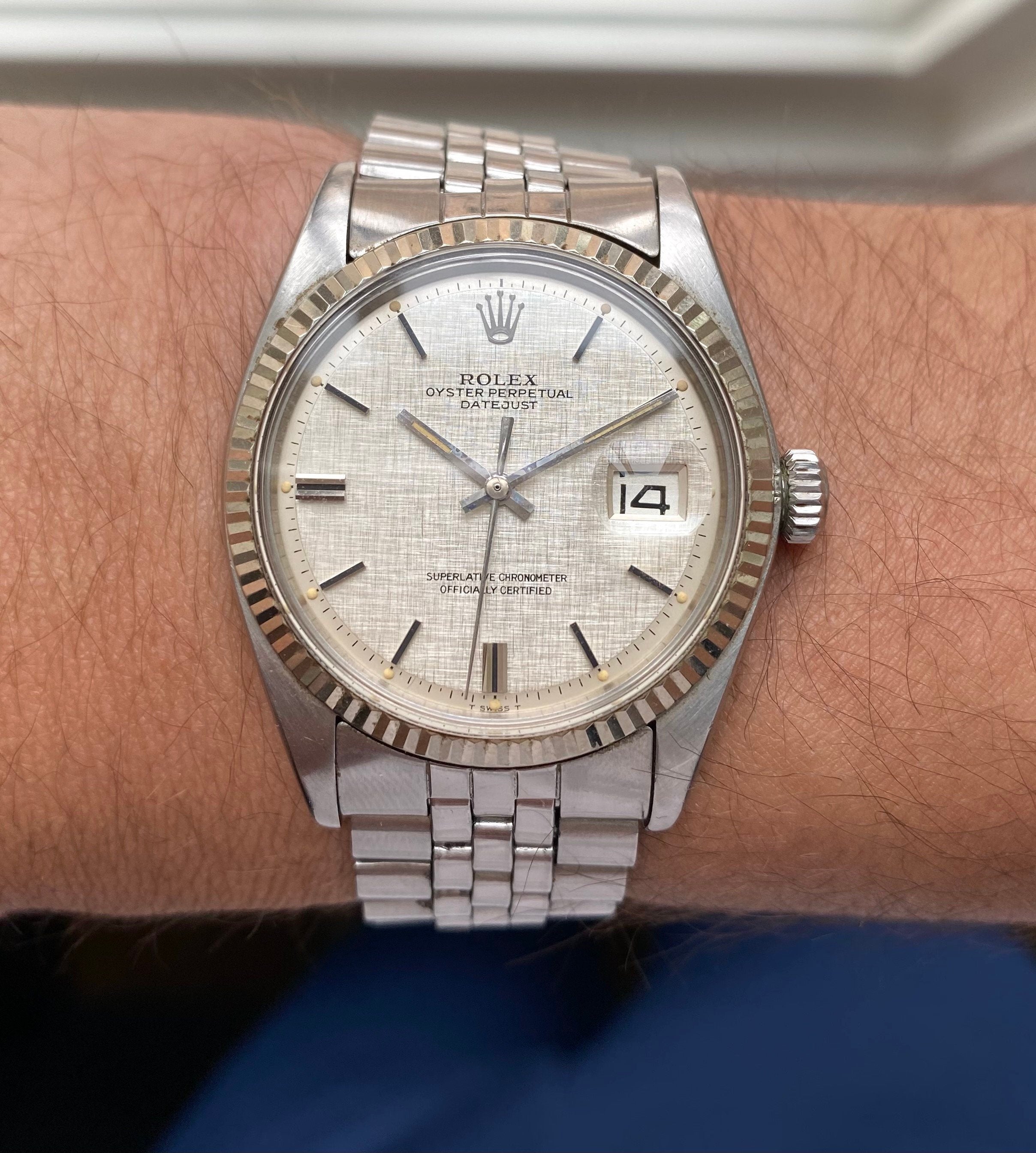 Vintage Rolex Datejust 1601 70s Automatic Silver Linen Dial Oyster Case Watch