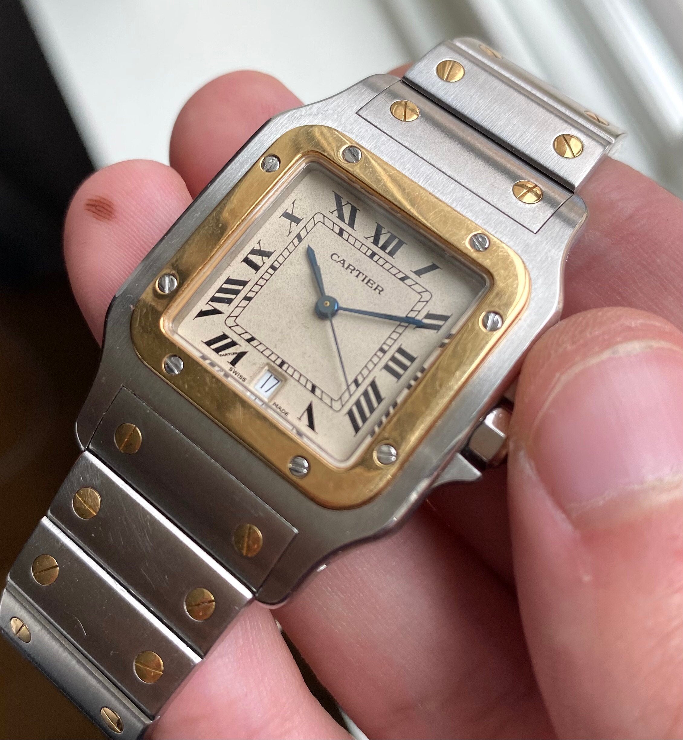 Vintage Cartier Santos 80s Two Tone Quartz Roman Numeral Cream Dial Watch
