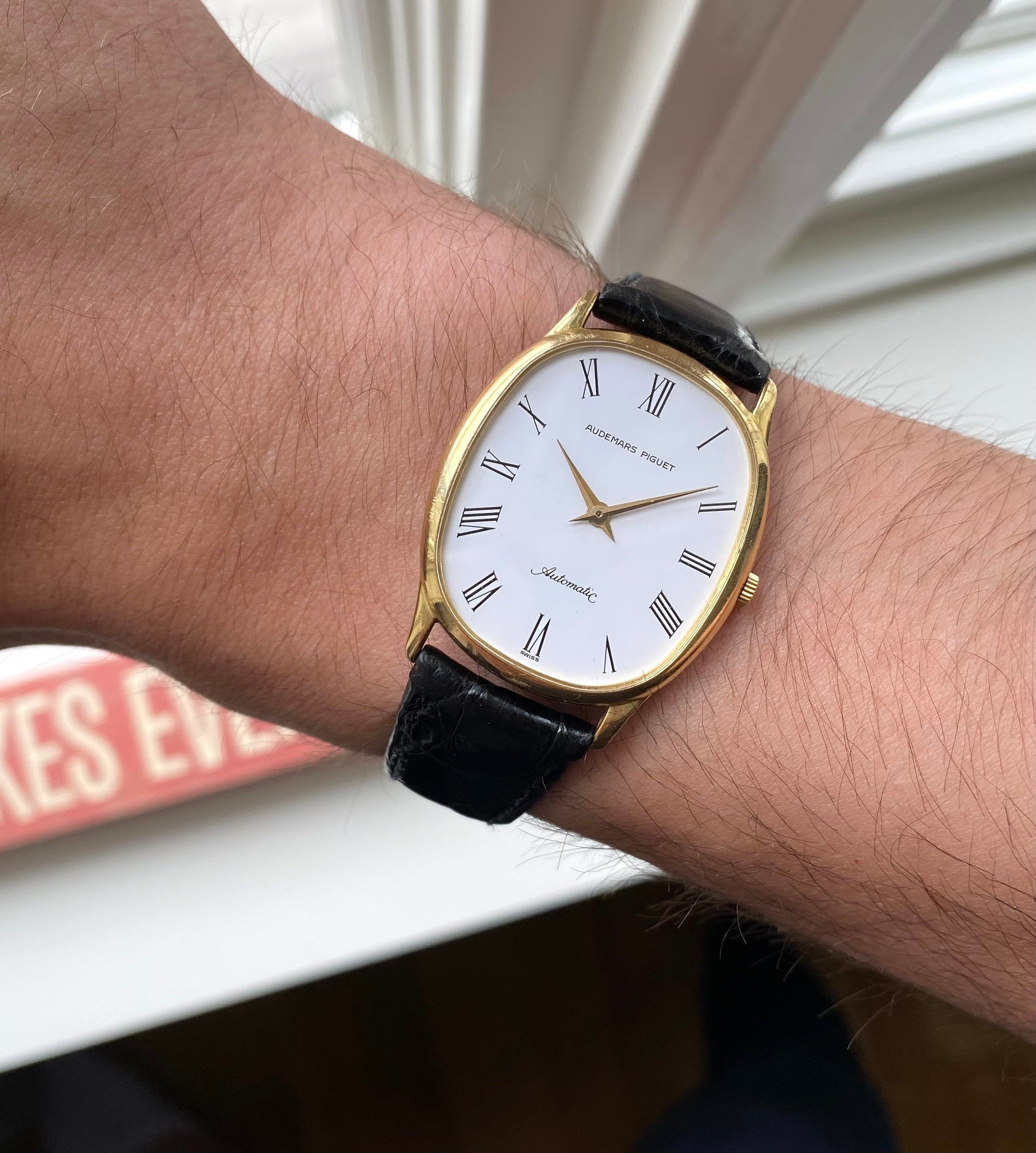 Vintage Audemars Piguet 70s Automatic 18K Yellow Gold Tank White Roman Dial Watch