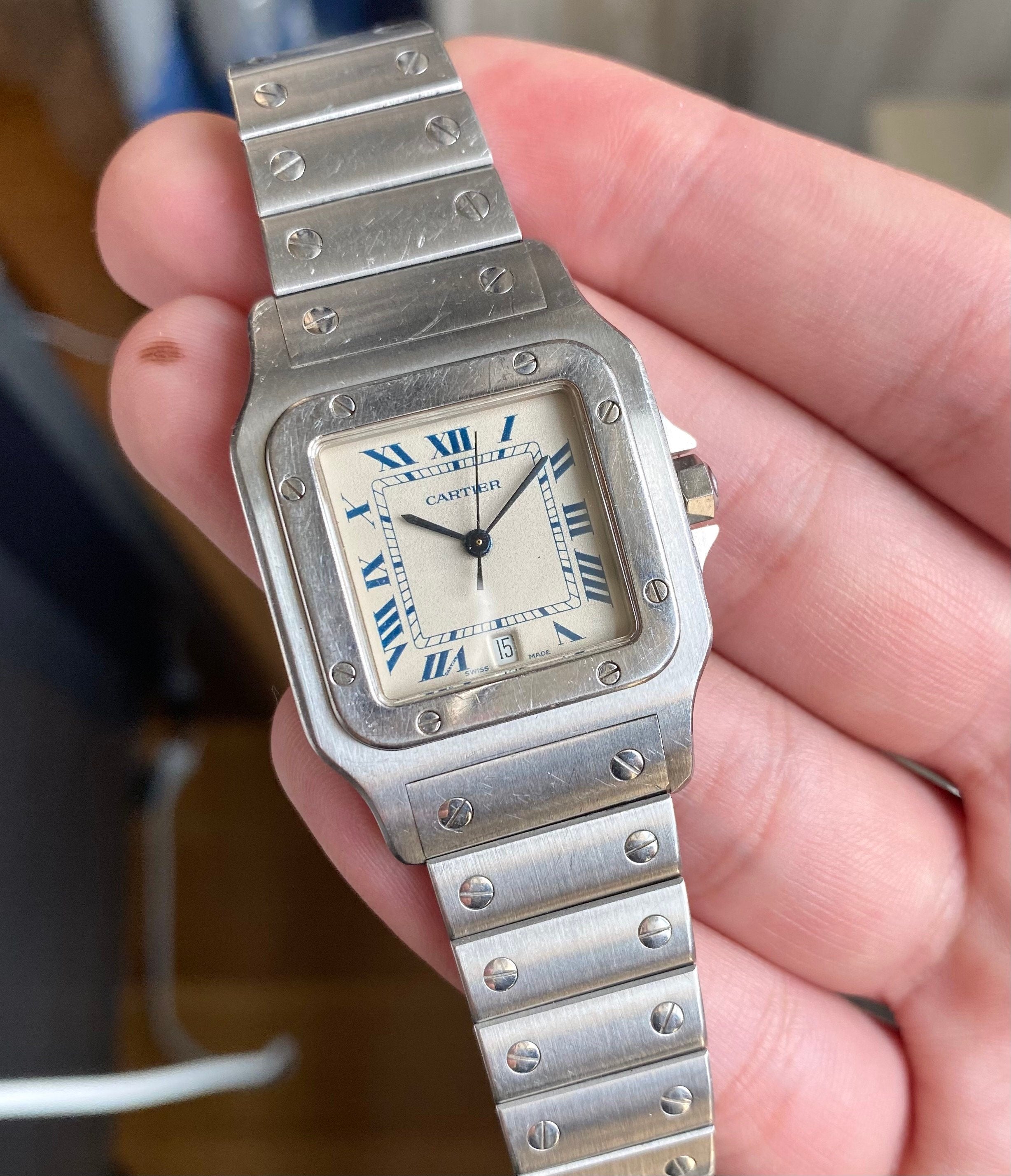 Vintage Cartier Santos 80s Quartz White Blue Roman Numeral Dial Steel Watch