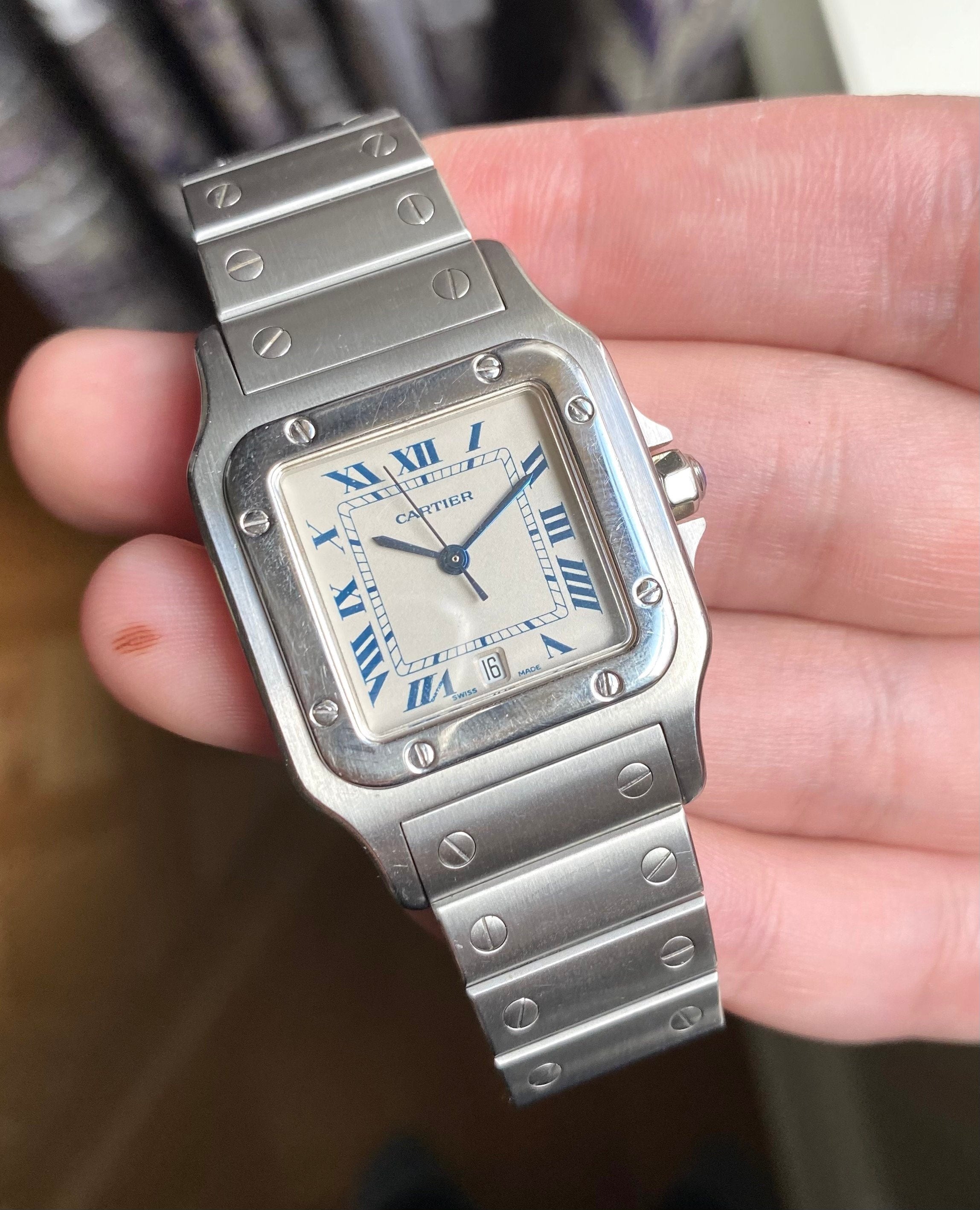 Vintage Cartier Santos Galbee 1564 Quartz White Roman Numeral Dial Steel Watch