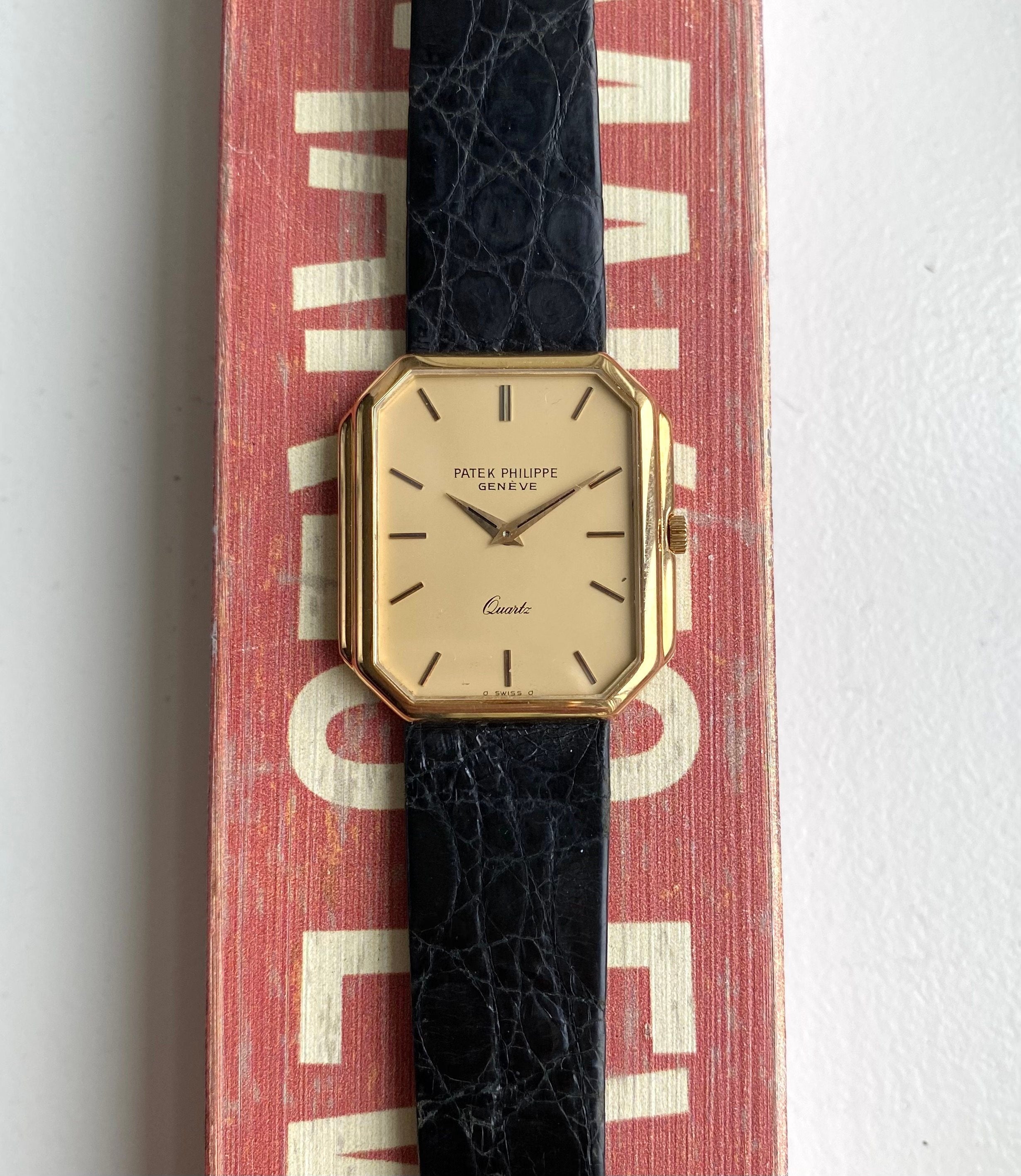 Vintage Patek Philippe 18K Yellow Gold Tank Quartz Matte Champagne Dial Watch