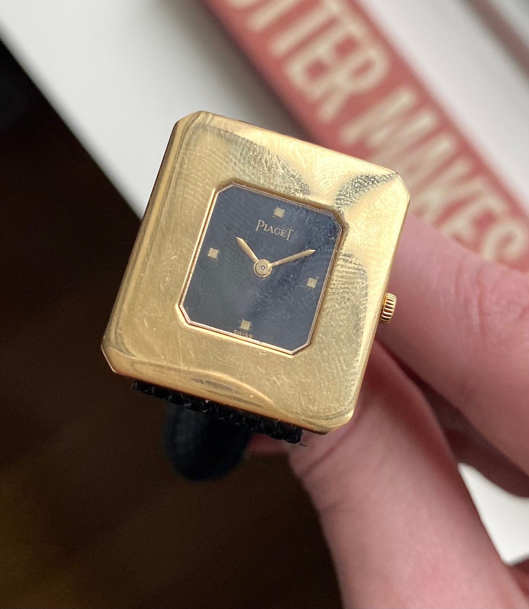 Ref 99041 Piaget Vintage Manual Wind 18K Yellow Gold Black Dial Square Case