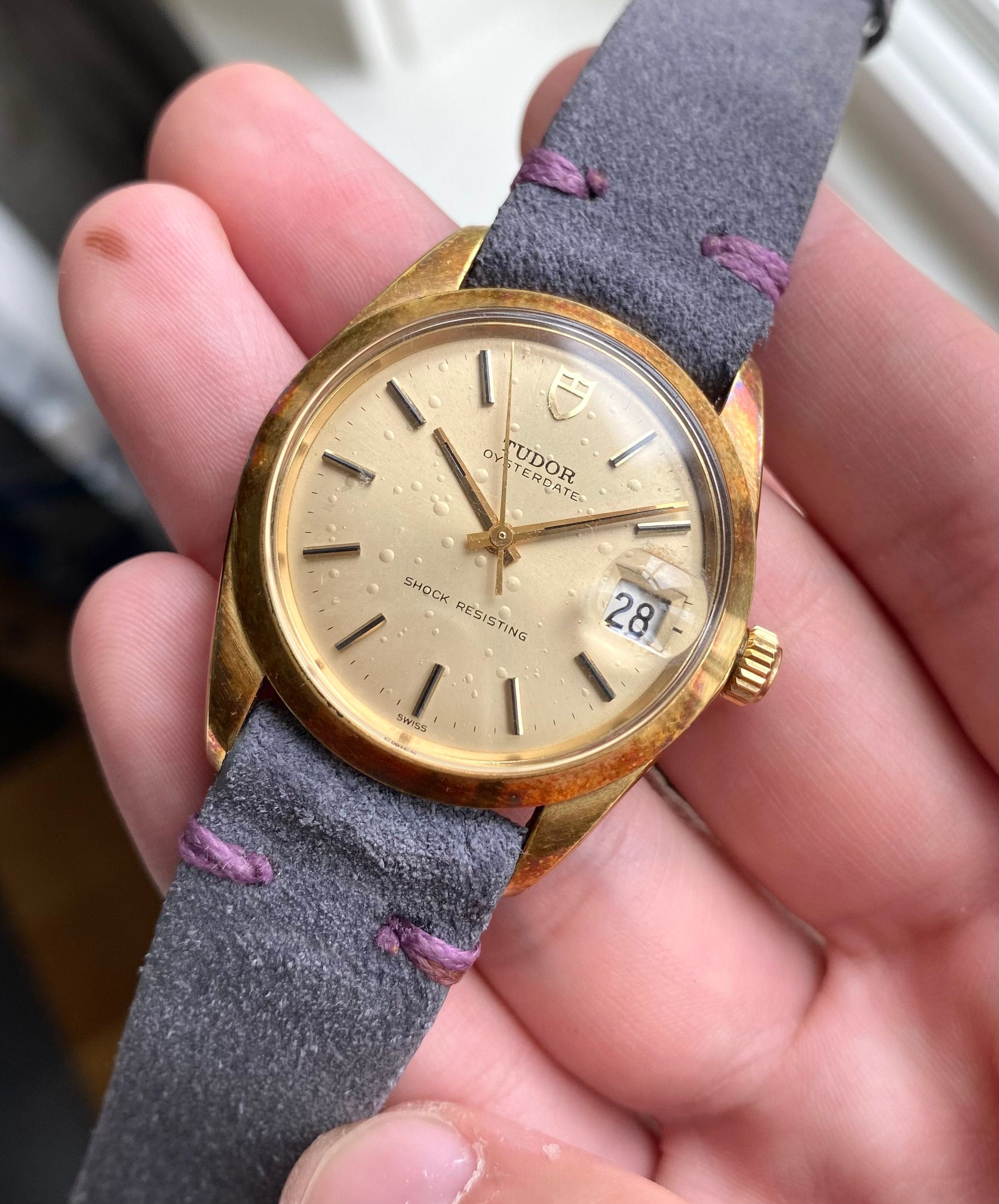 Vintage Tudor Oysterdate 60s Automatic Champagne Dial Gold Gapped 34mm Case Watch