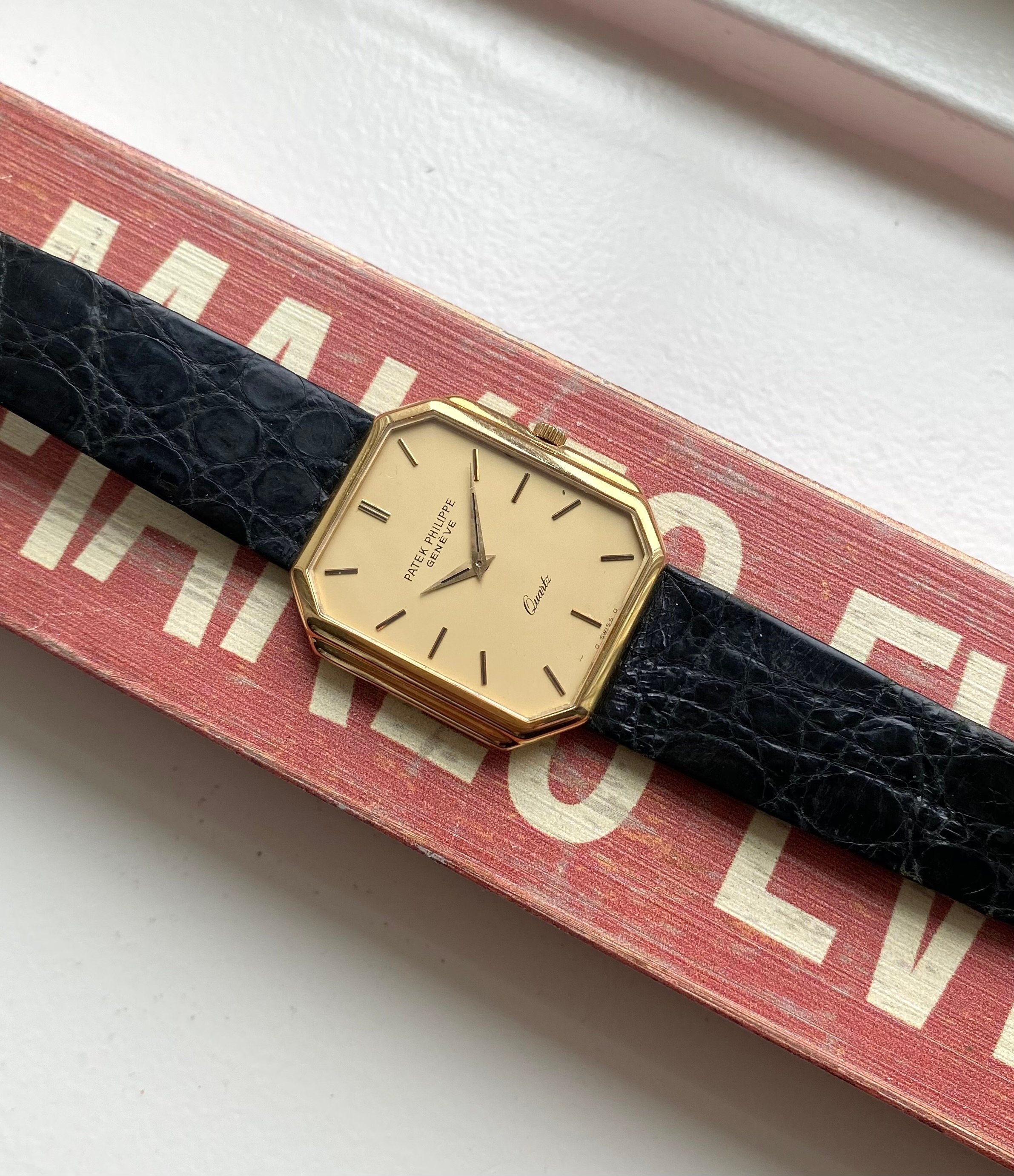 Vintage Patek Philippe 18K Yellow Gold Tank Quartz Matte Champagne Dial Watch