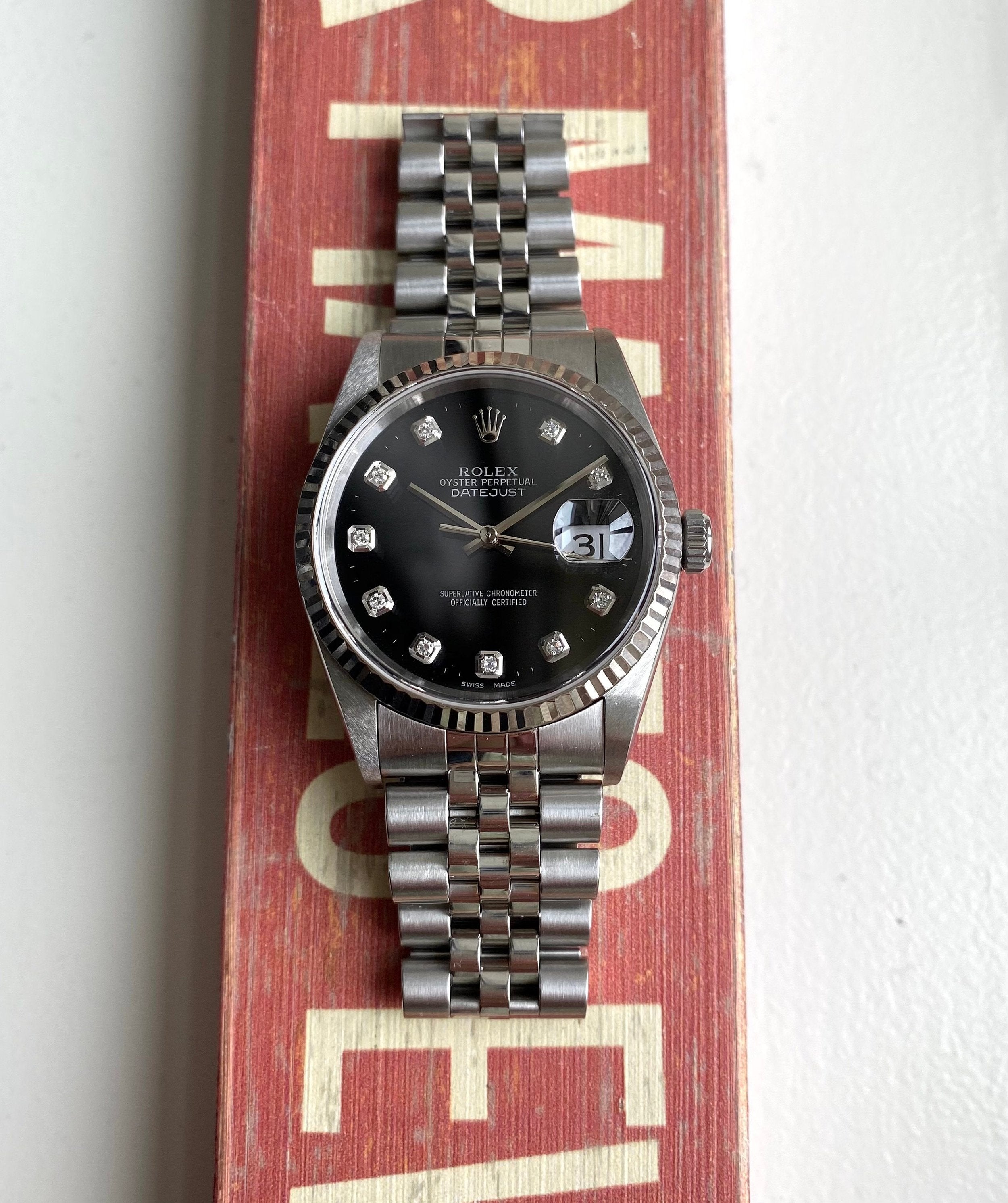 Rolex Datejust Ref 16234G 90s Factory Black Diamond Dial w/ Papers Watch