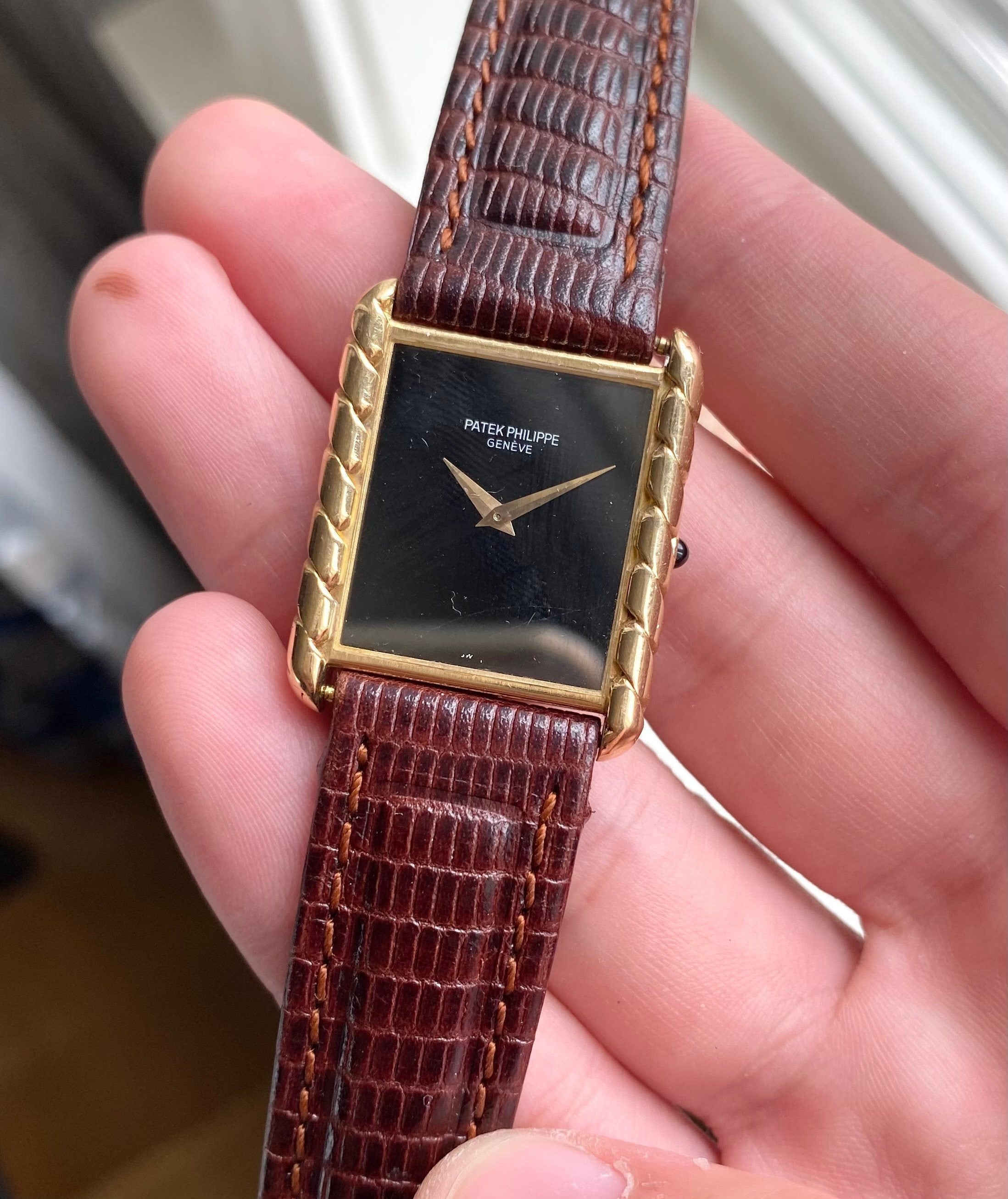 Vintage Patek Philippe Ref 4386 70s 18K Yellow Gold Tank Black Dial Manual Wind Watch