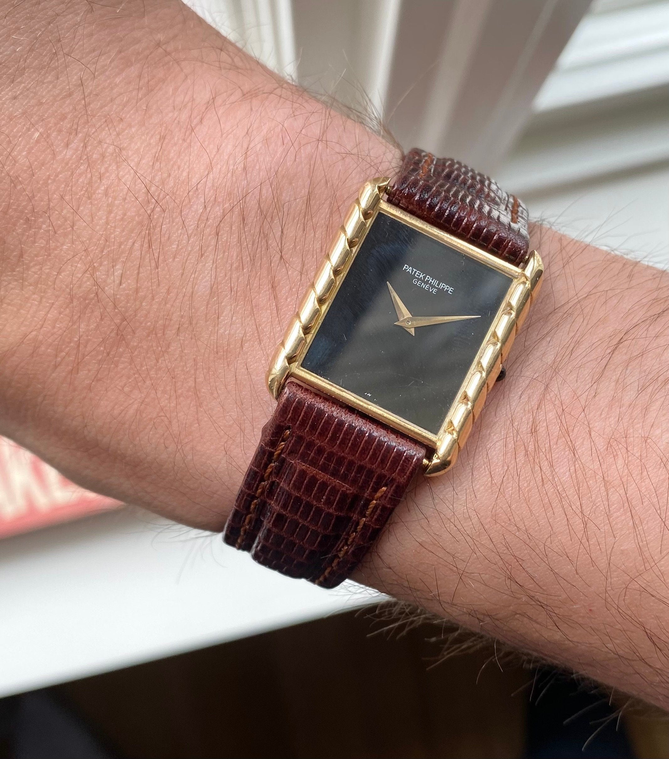 Vintage Patek Philippe Ref 4386 70s 18K Yellow Gold Tank Black Dial Manual Wind Watch